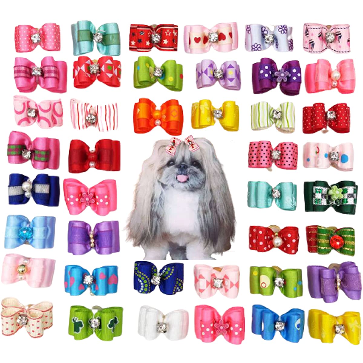 Dog Hair Bows,Fzbnsrko 10 Pcs Dogs/Cats Double Bow With Fake Diamonds Dog Hair Bows With Rubber Bands Small Dog Hair Bowknot Gro