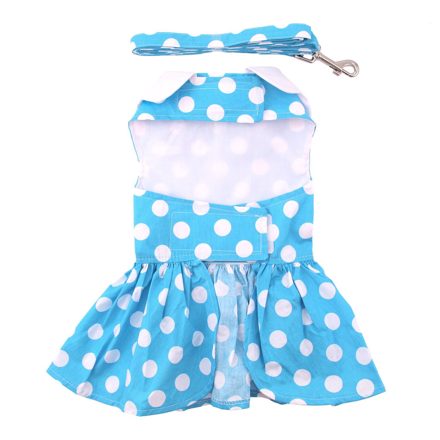 Blue Polka Dot Dog Dress With Matching Leash