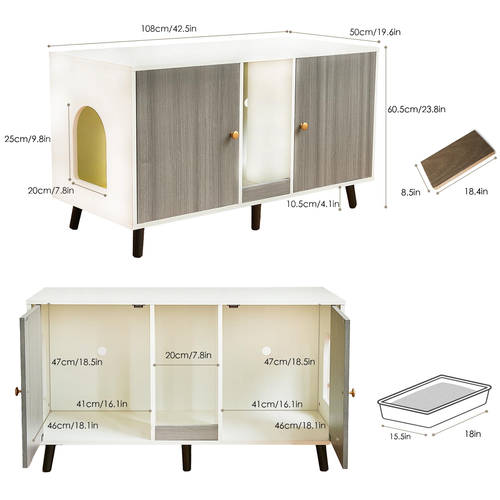 Litter Box Enclosure For 2 Cats - 42.5'' Double Room Cat Litter Box Cabinet Furniture With Scratching Pad, Indoor Hidden Cat Lit