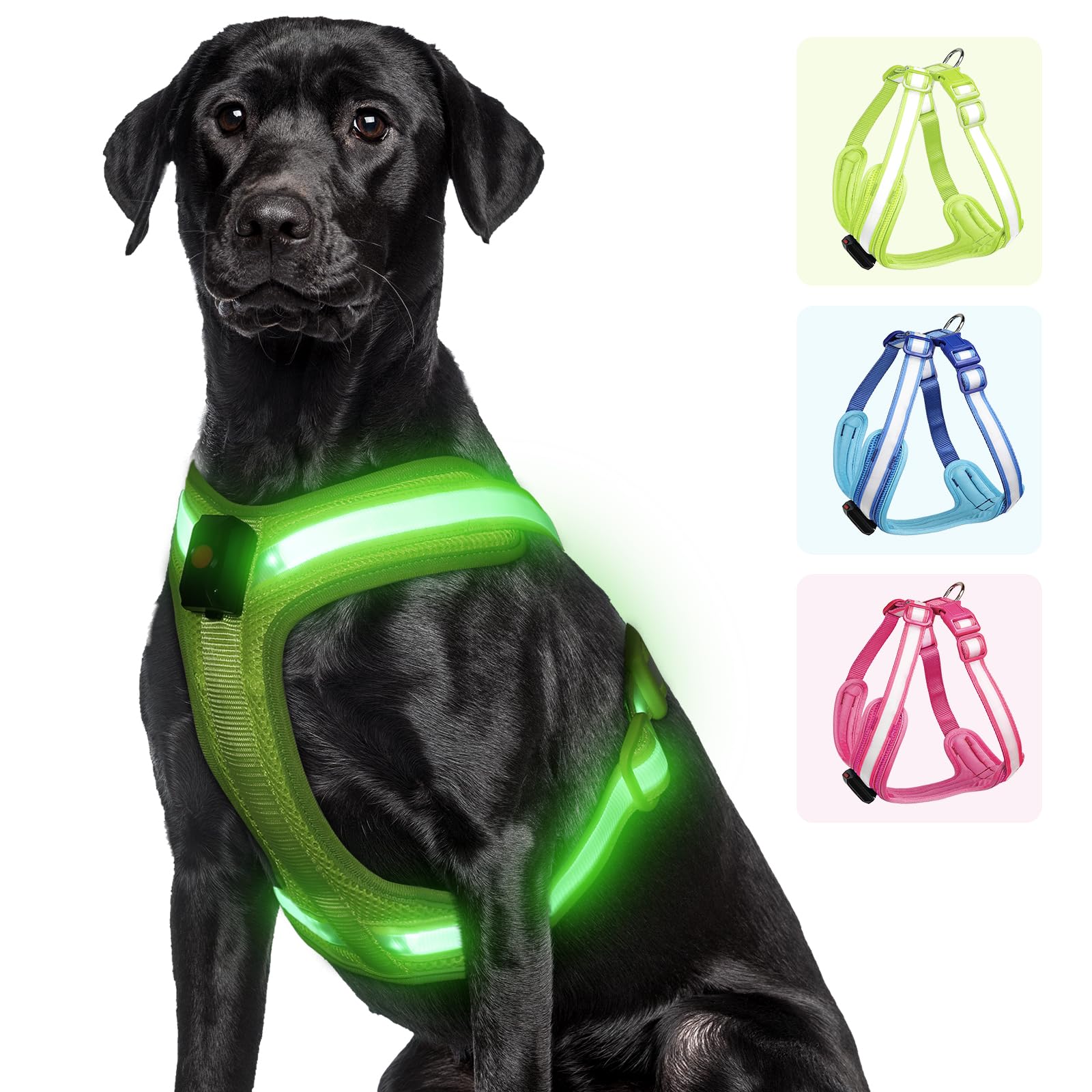 Pzrlit Light Up Dog Harness - Led Dog Harness Rechargeable, No Choke Illuminated Glow Dark Harness Vest Waterproof For Medium Large Dogs For Camping Night Safety Walking-Green,L