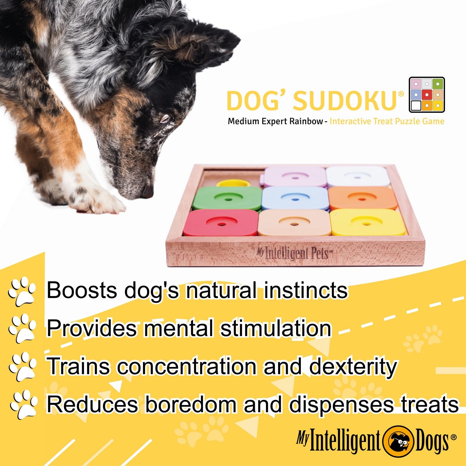 My Intelligent Dogs Interactive Sudoku Puzzle for Medium Dogs and Cats - Expert Brain Pet Toy - 9 Treat-Hiding Holes, Medium Woo