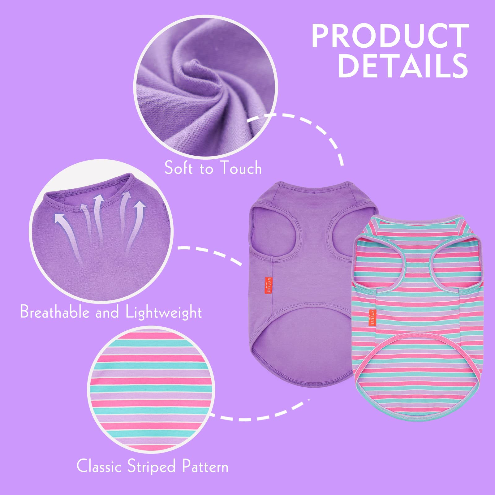 Kyeese 2 Pack Dog Shirts Striped Dog T-Shirts Soft Cotton Tank Top Sleeveless Vest Cat Puppy Shirts