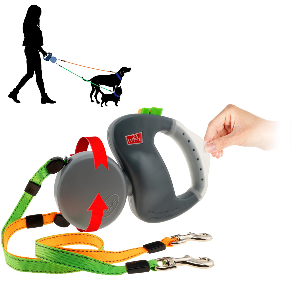 Wigzi - 2025 Edition - 2 Dog Retractable Leash – Featuring Our Incredible Silicone Gel Handle - No Tangle Engineering. Each Dog 50 Lb Up To 10 Ft Distance. Lock And Unlock Easily. Reflective Webbing.