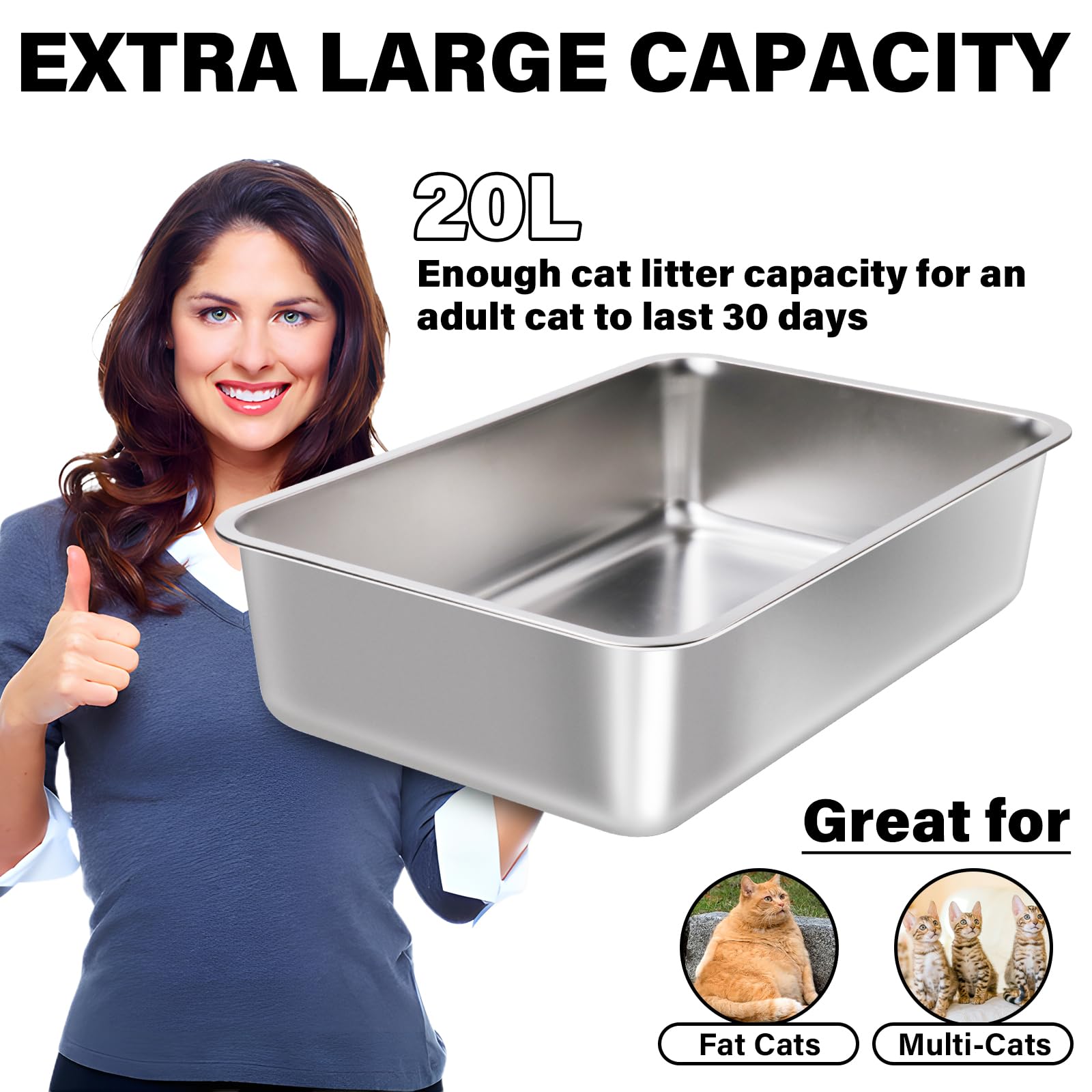Egmehoad Stainless Steel Litter Box Easy Clean,-Large Metal Litter Box For Cats, High Sided Metal Litters Boxes, No Smell, Non S