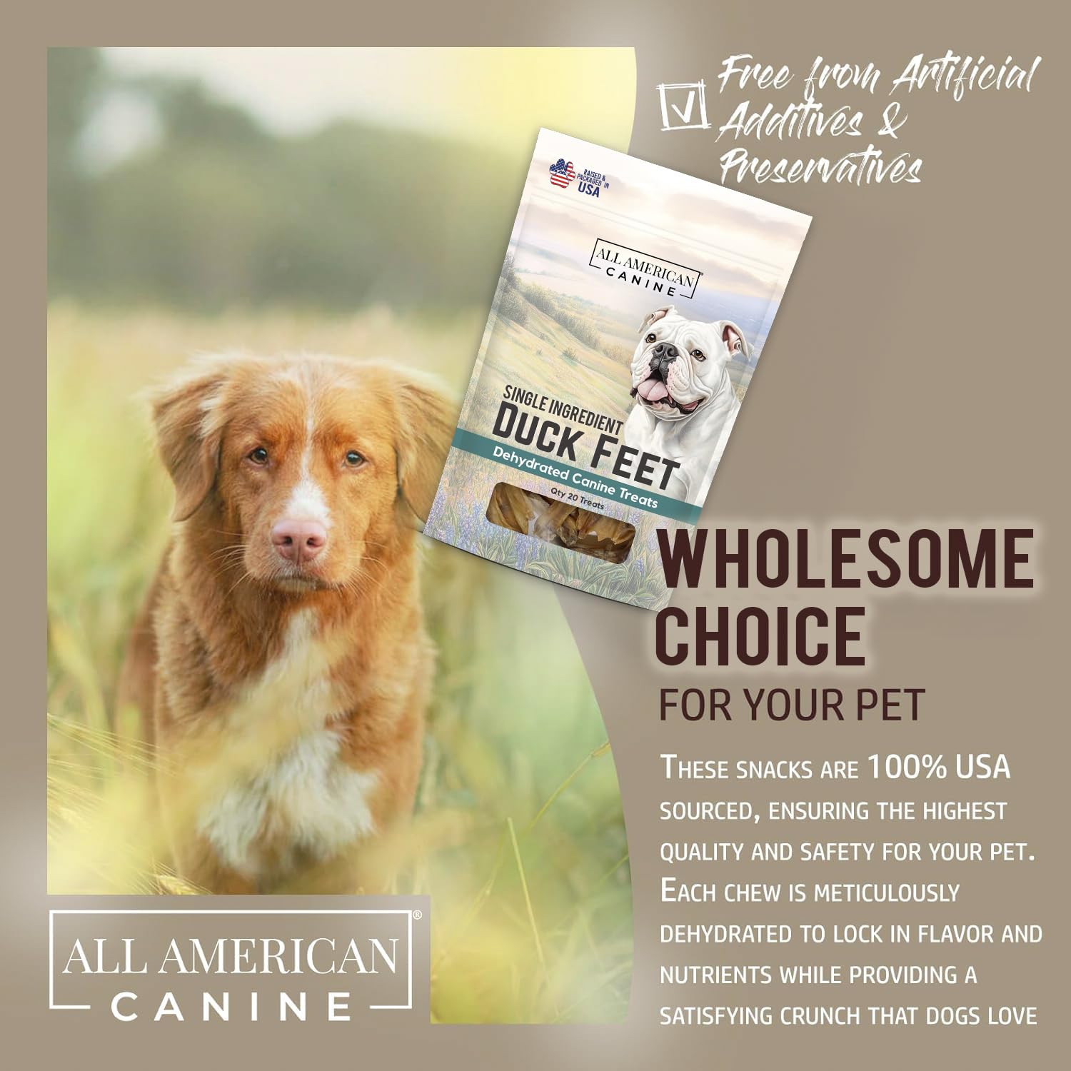 All American Canine Natural Duck Feet Dog Treats - Single Ingredient, Dehydrated & Digestible - Crunchy, Low-Fat, High-Protein C