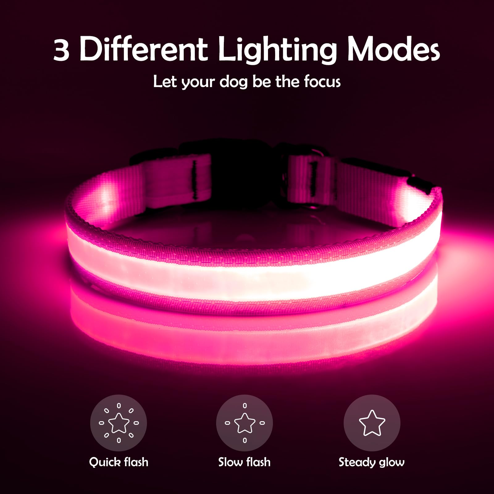 VIZPET LED Dog Collar - Adjustable, USB Rechargeable, Super Bright Safety Light, Small (11.02-15.74 inch), Pink, Model vp-pink-s