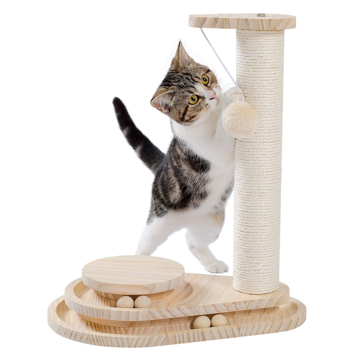 Made4Pets Cat Scratching Post Cat Scratcher Kitten Toys For Indoor Cats Wooden Ball Track Two-Layer Modern Sisal 17.7' Tall Scratch Post Interactive Toy With Dangling Ball