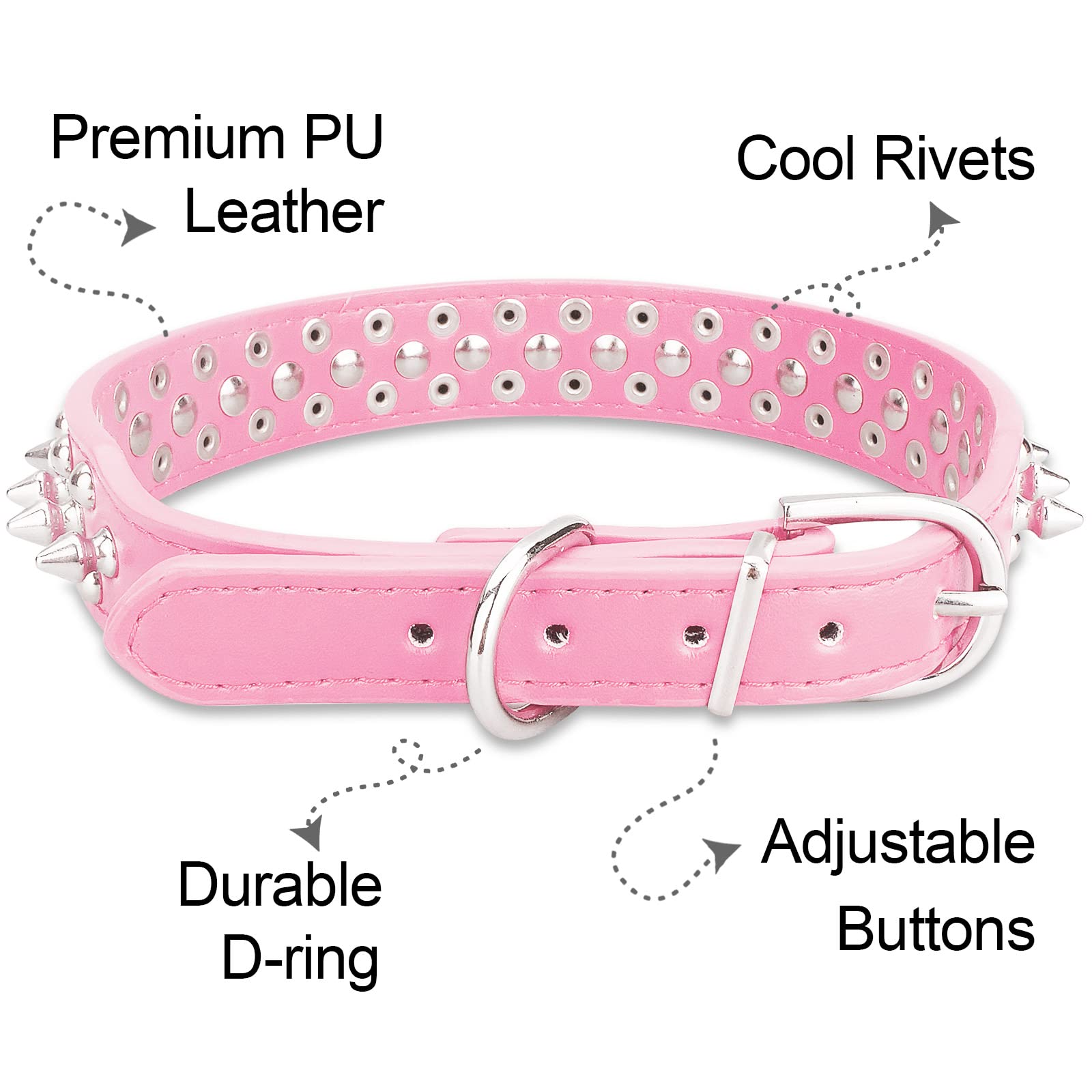 Epesiri Spiked Dog Collar, Durable PU Leather, Adjustable XS 7"-9.4", Pink