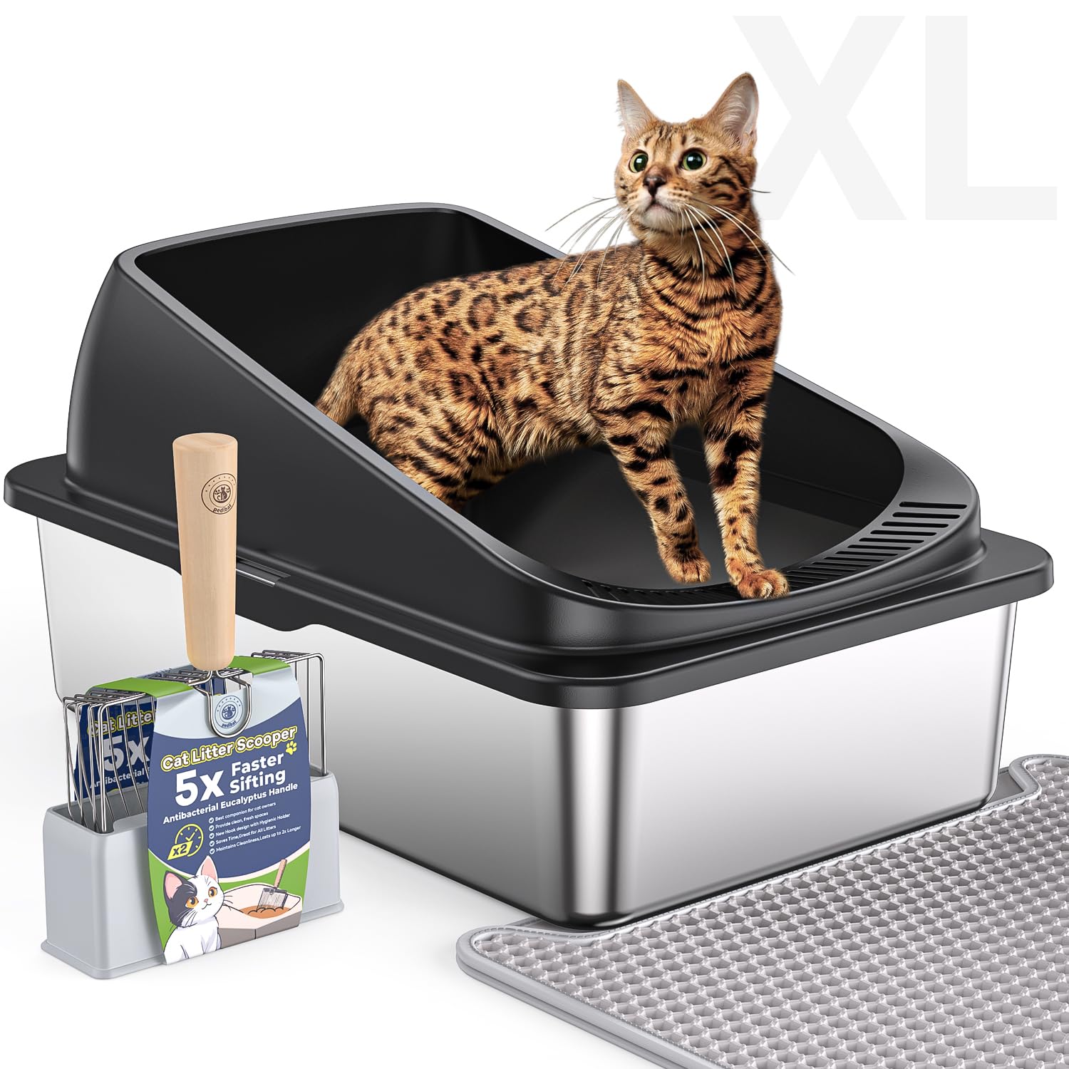 Pedibat Stainless Steel Cat Litter Box With Scoop, Metal Litter Box High Sided, Cat Litter Box Enclosure, Xl Extra Large High-Si