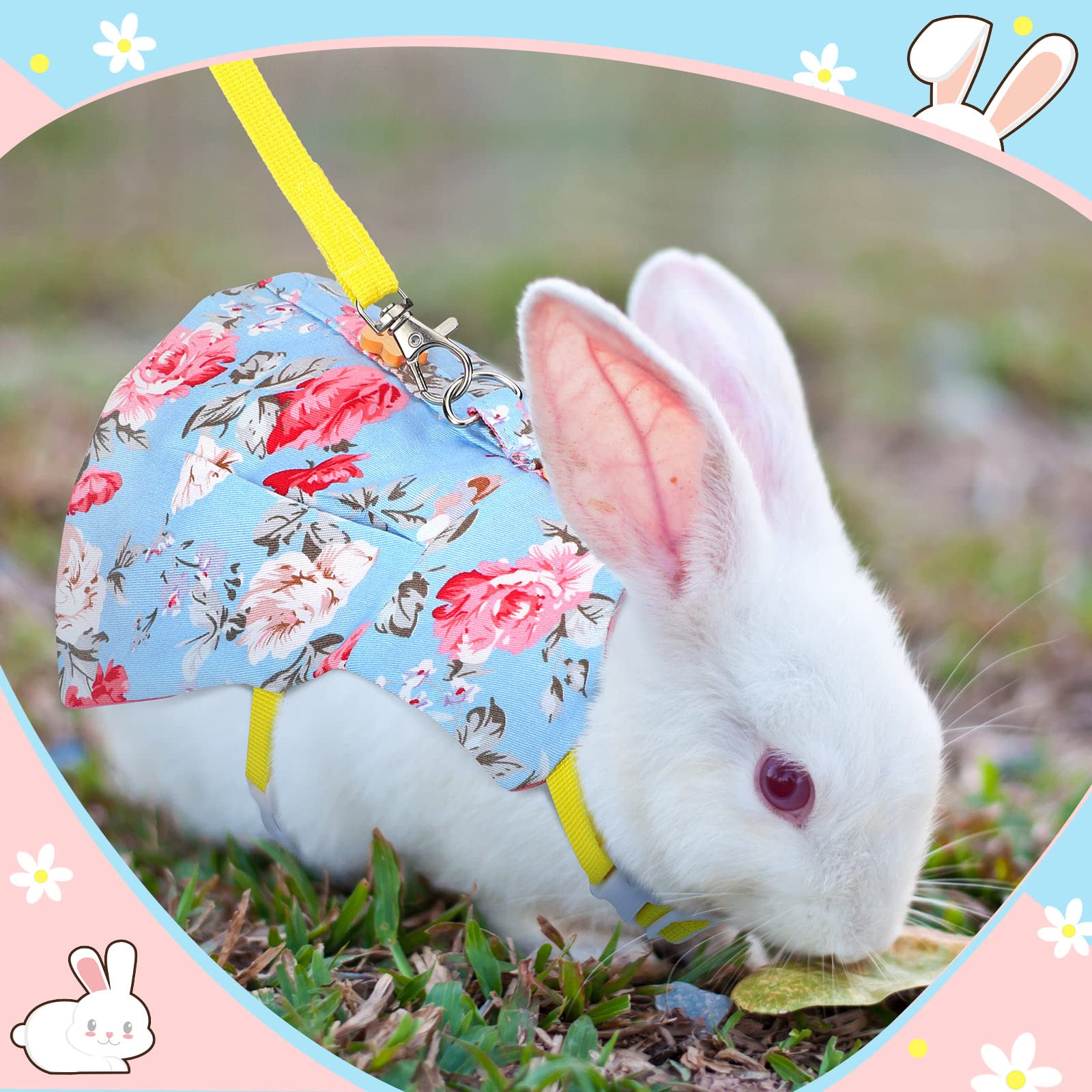 3 Piece Cute Rabbit Leash And Harness Set, Bunny Rabbit Dress Clothes Walking Harness Vest Escape Proof Pet Supply For Rabbit Hedgehog Ferret Guinea Pig (Pink Flower, Blue Flower, Daisy)