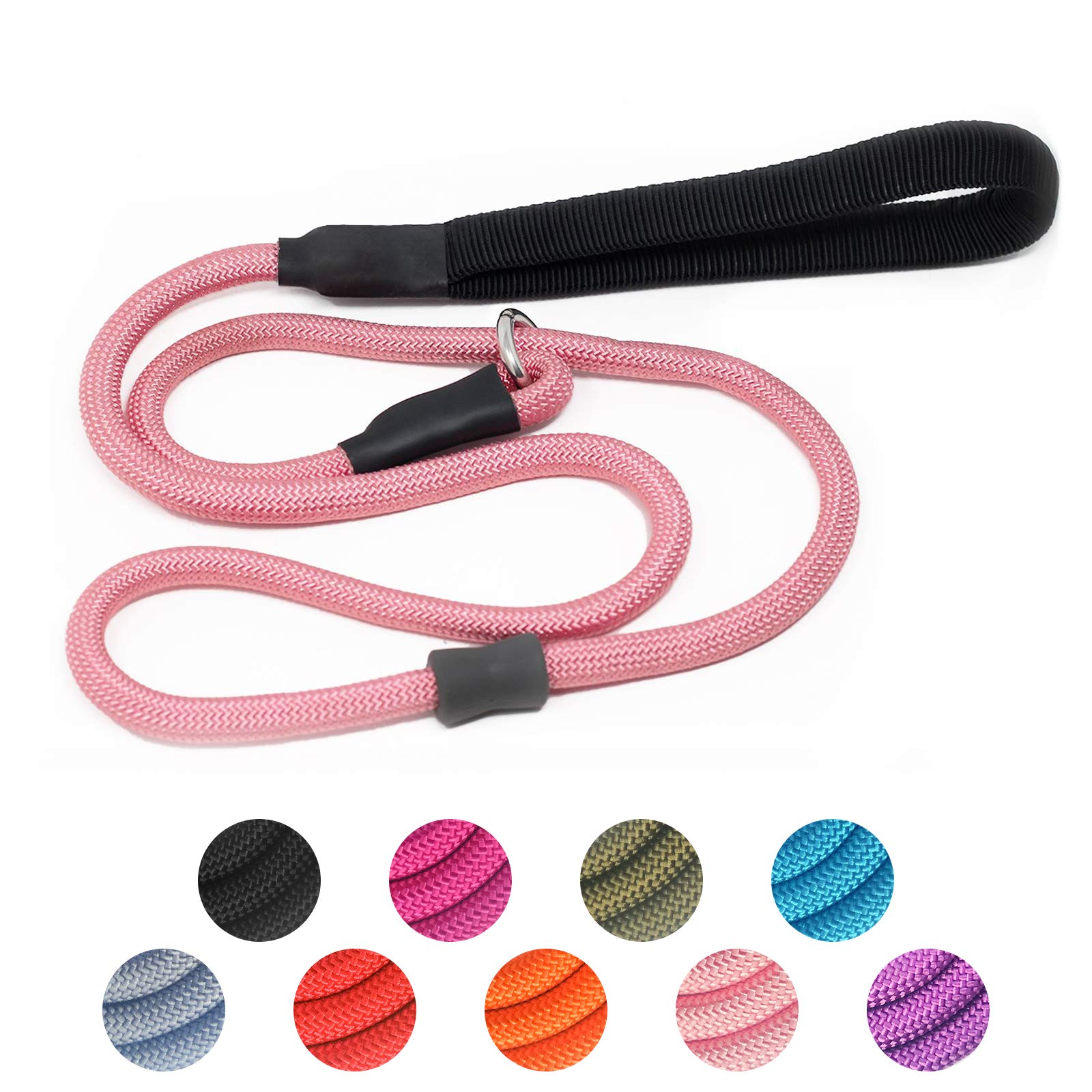 Strong Slip Rope Dog Training Leash (4Ft) - Heavy Duty Durable Braided Nylon Lead With Rubber Stopper & Padded Handle - No Pull Walking Climbing For Medium Large Dogs (Pink, 1/2' X 4Ft)