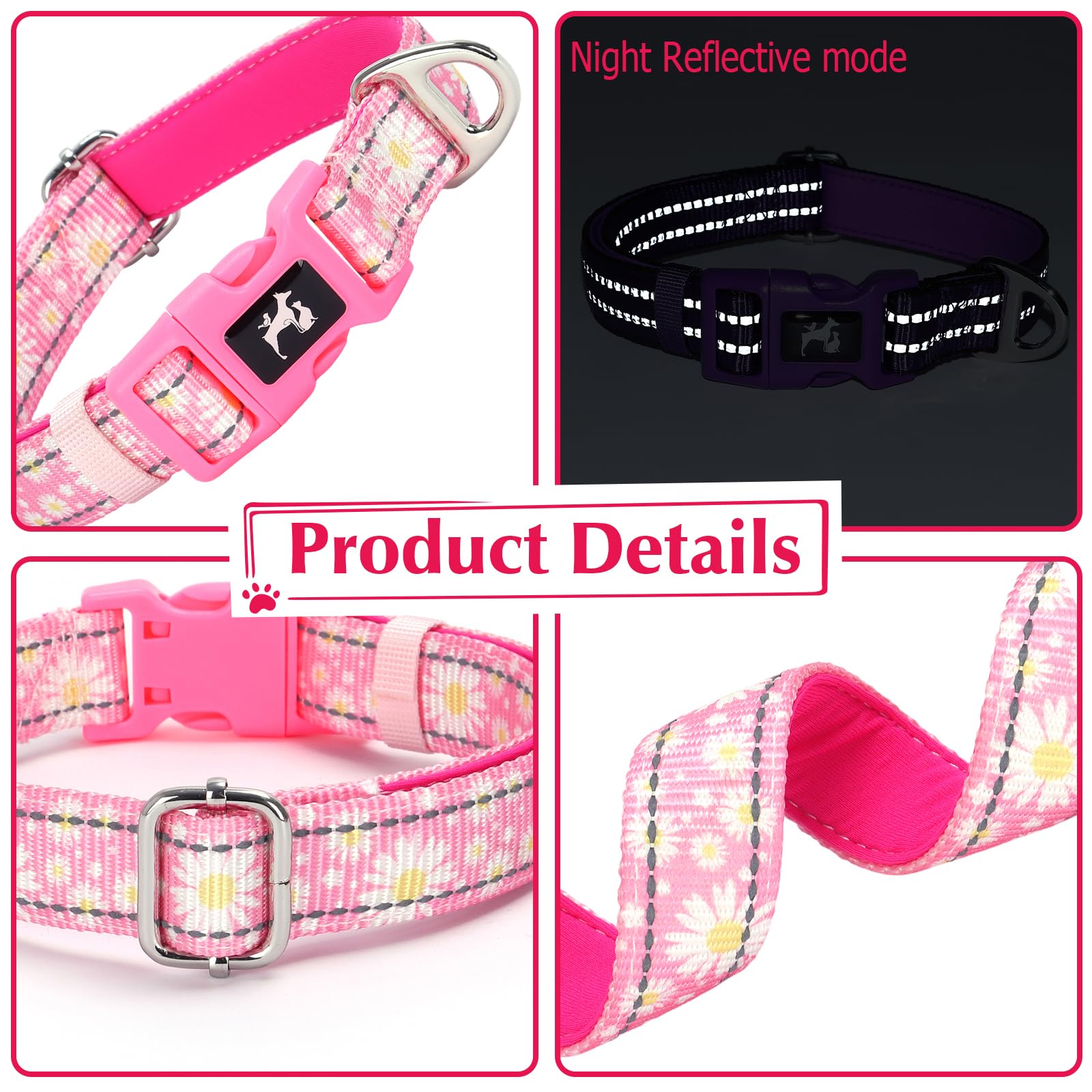 Onefojojo Dog Collar For Medium Dogs,Reflective Pink Daisy Dog Collar For Female Girl Dogs (Daisy M