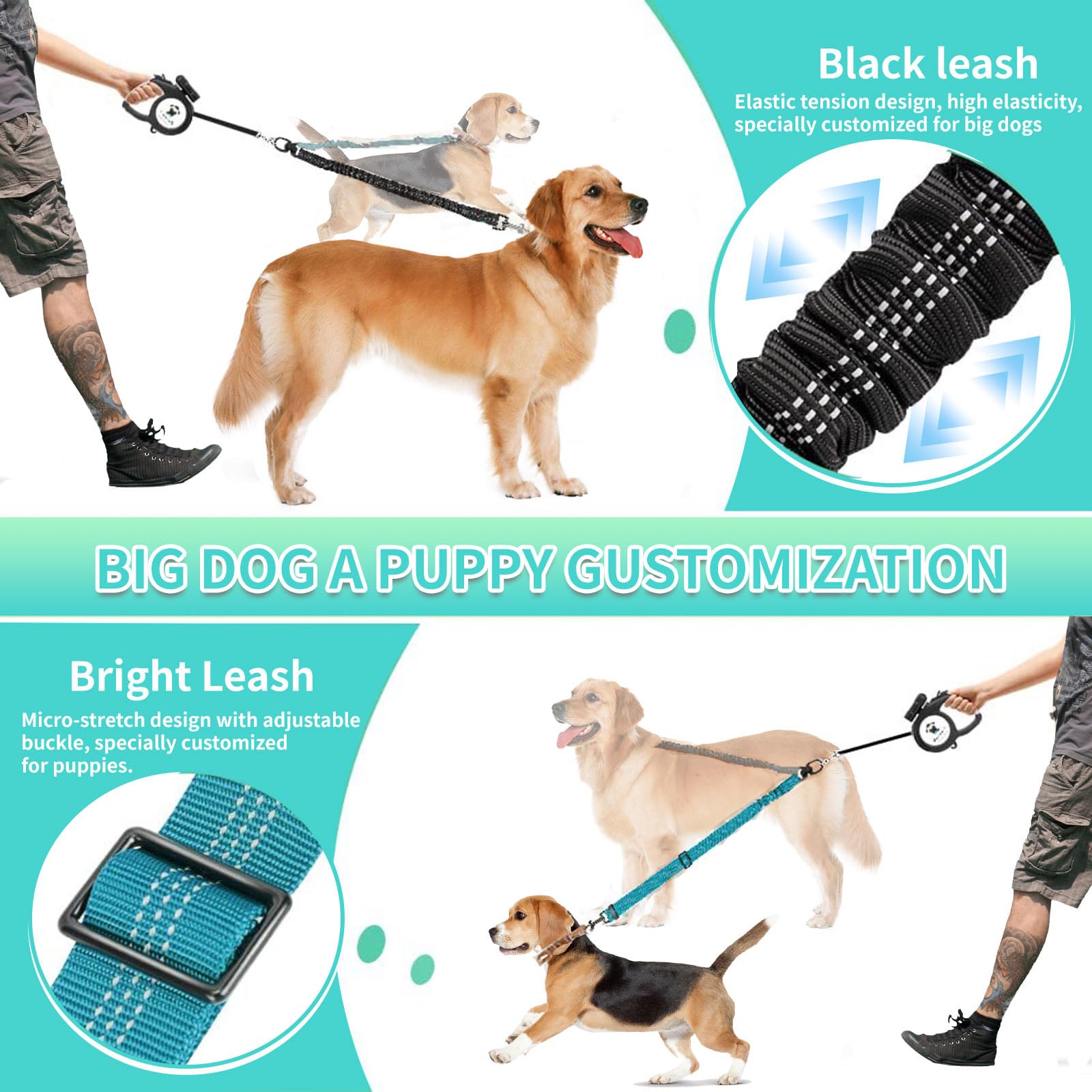 Akeishe Double Dog Leash For Two Dogs - 2-In-1 Upgraded Double Leash For Two Dogs With Adjustable Strap & Shock Absorbing Bungee