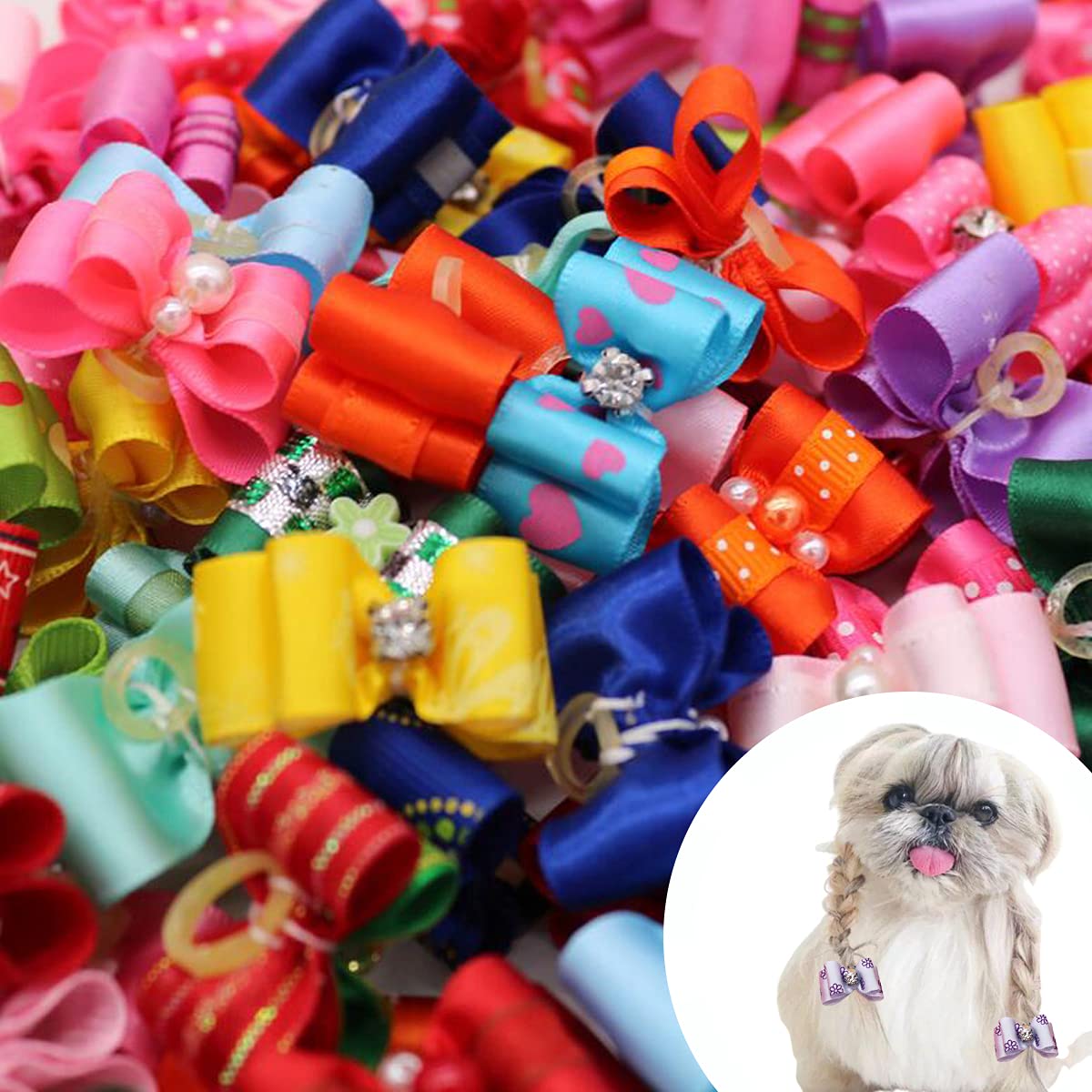 Dog Hair Bows,Fzbnsrko 10 Pcs Dogs/Cats Double Bow With Fake Diamonds Dog Hair Bows With Rubber Bands Small Dog Hair Bowknot Gro