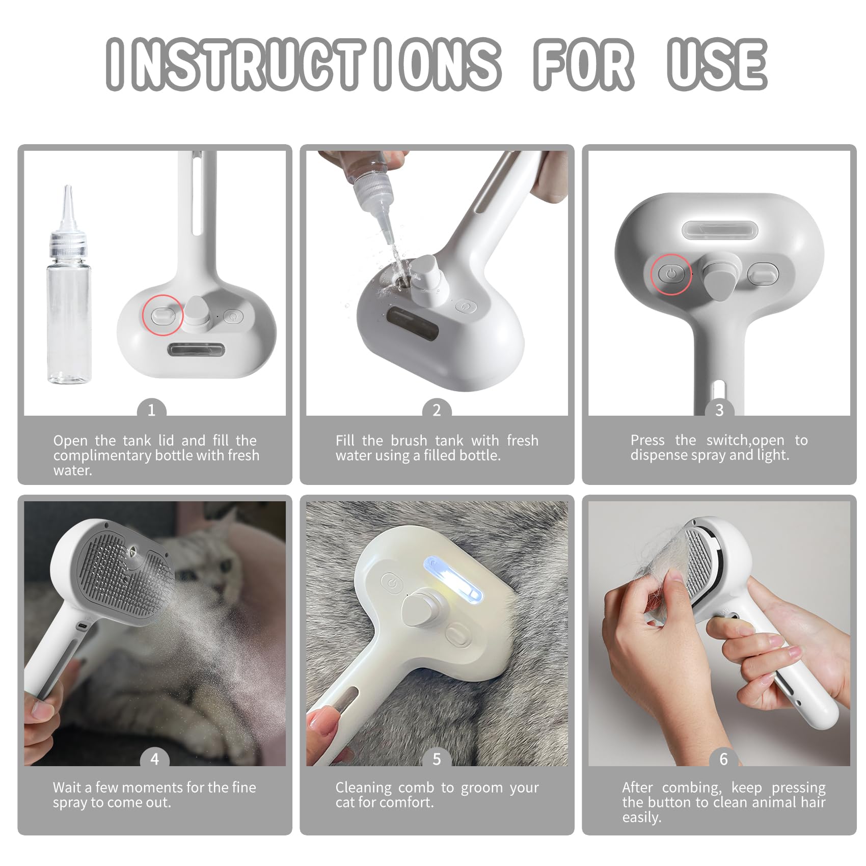 Susu & Wuwu Spray Cat Brush For Shedding - Water Brush For Cats And Dogs - Pet Hair Removal Comb With Water Tank And Release But