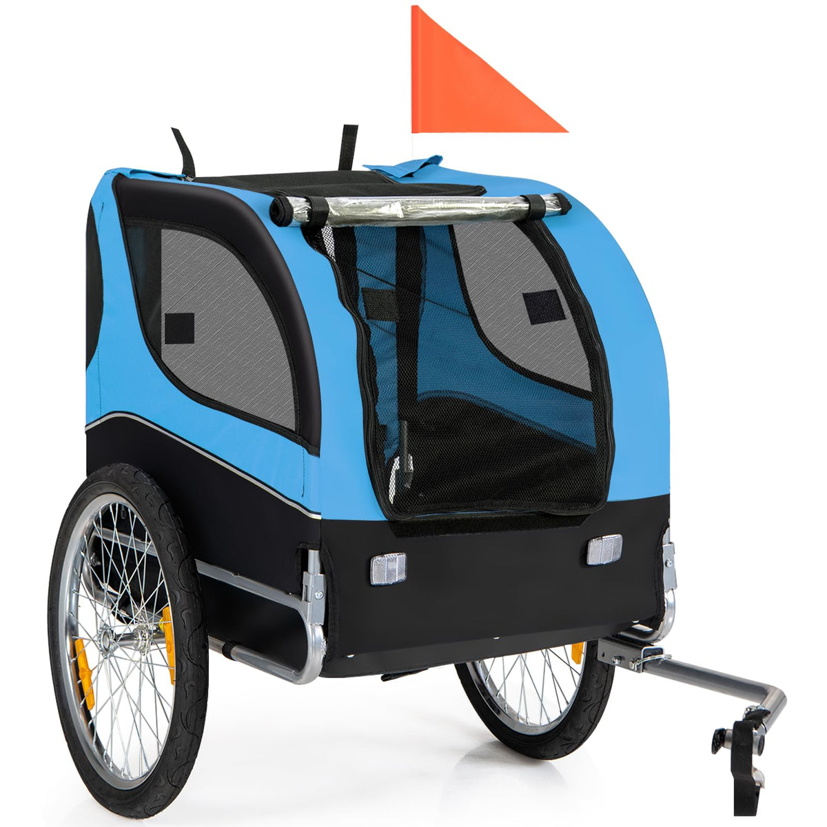 Tangkula Dog Bike Trailer, Breathable Mesh Dog Cart With 3 Entrances, Safety Flag, 8 Reflectors, Folding Pet Carrier Wagon With 20 Inch Wheels, Bicycle Carrier For Medium And Small Sized Dogs (Blue)