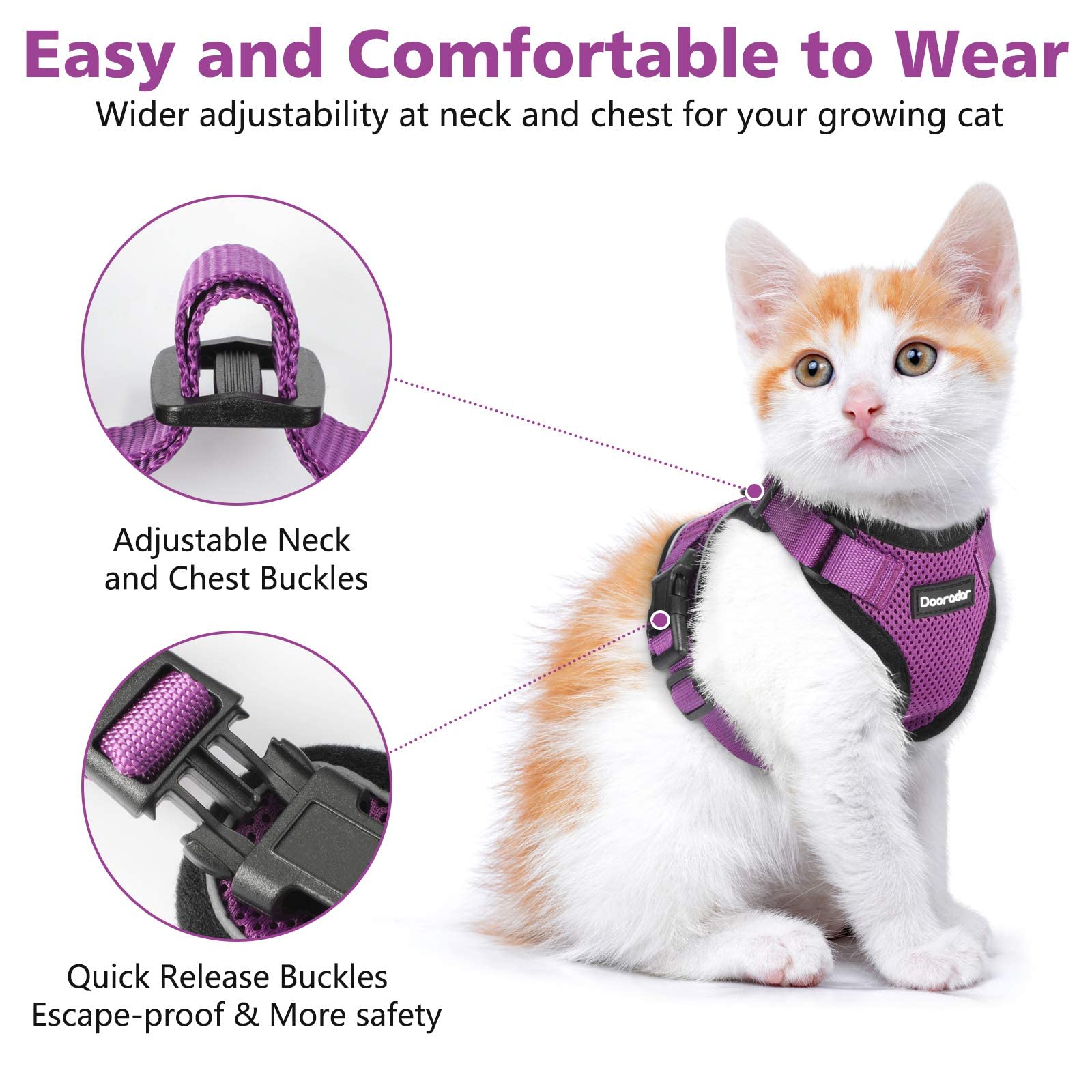 Dooradar Cat Harness And Leash Set, Escape Proof Safe Adjustable Kitten Vest Harnesses For Walking, Easy Control Soft Breathable Mesh Jacket With Reflective Strips For Cats, Purple, S