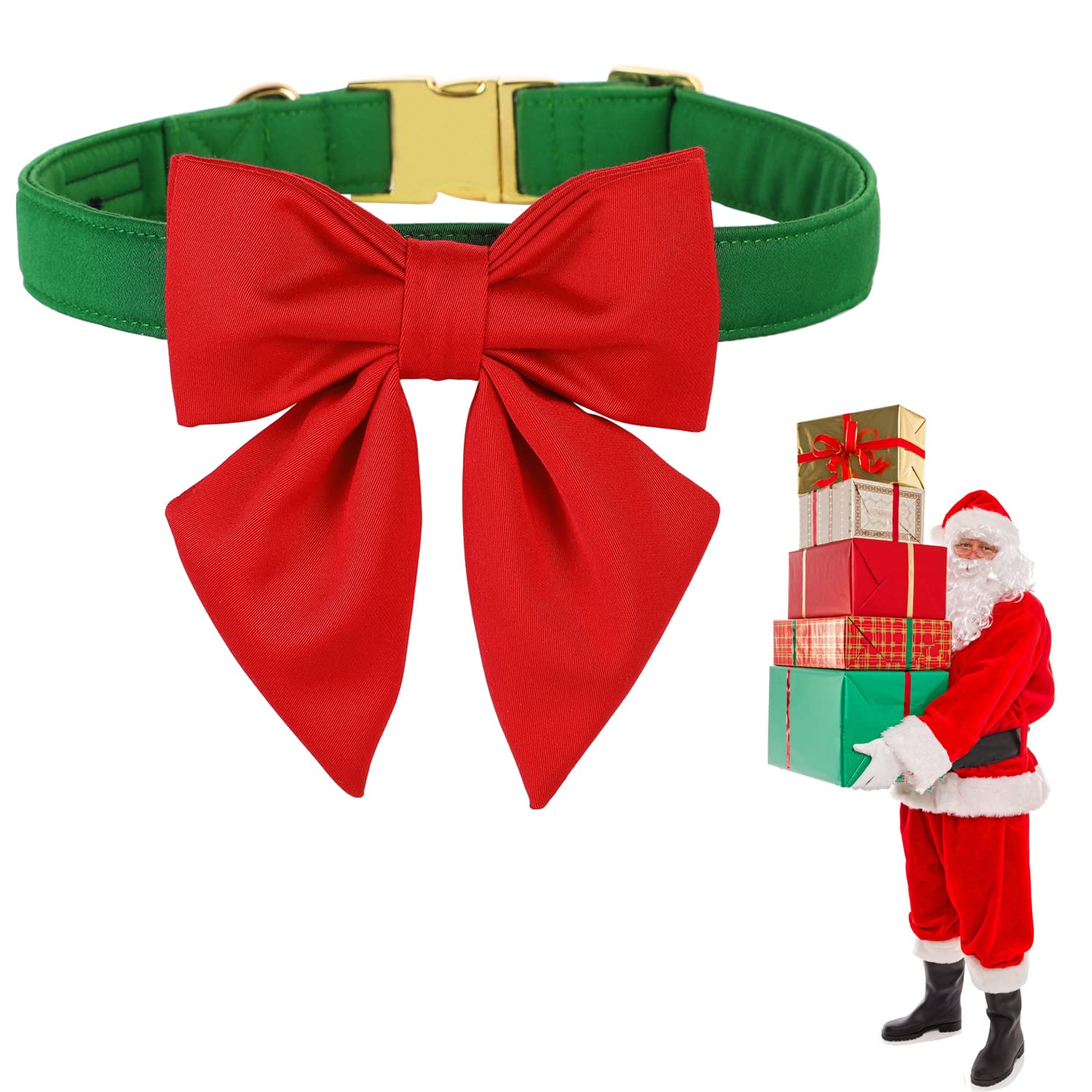 Maca Bates Christmas Grass Green Dog Collar with Cute Solid Sailor Bow Tie for Large Girl Boy Dogs,Adjustbale Durable Breakaway 