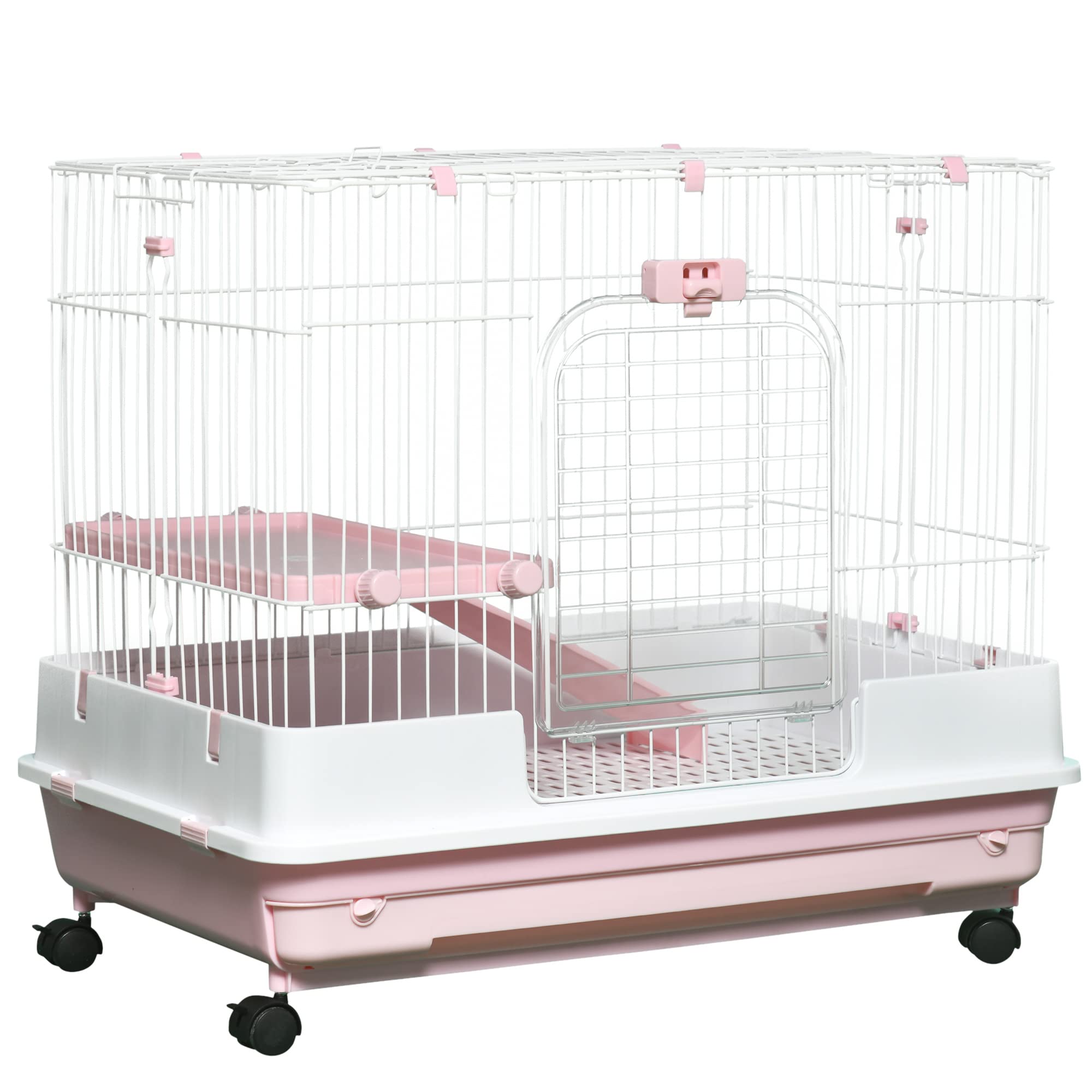 Pawhut 2-Level Small Animal Cage Rabbit Hutch With Wheels, Removable Tray, Platform And Ramp For Bunny, Chinchillas, Ferret, Pink