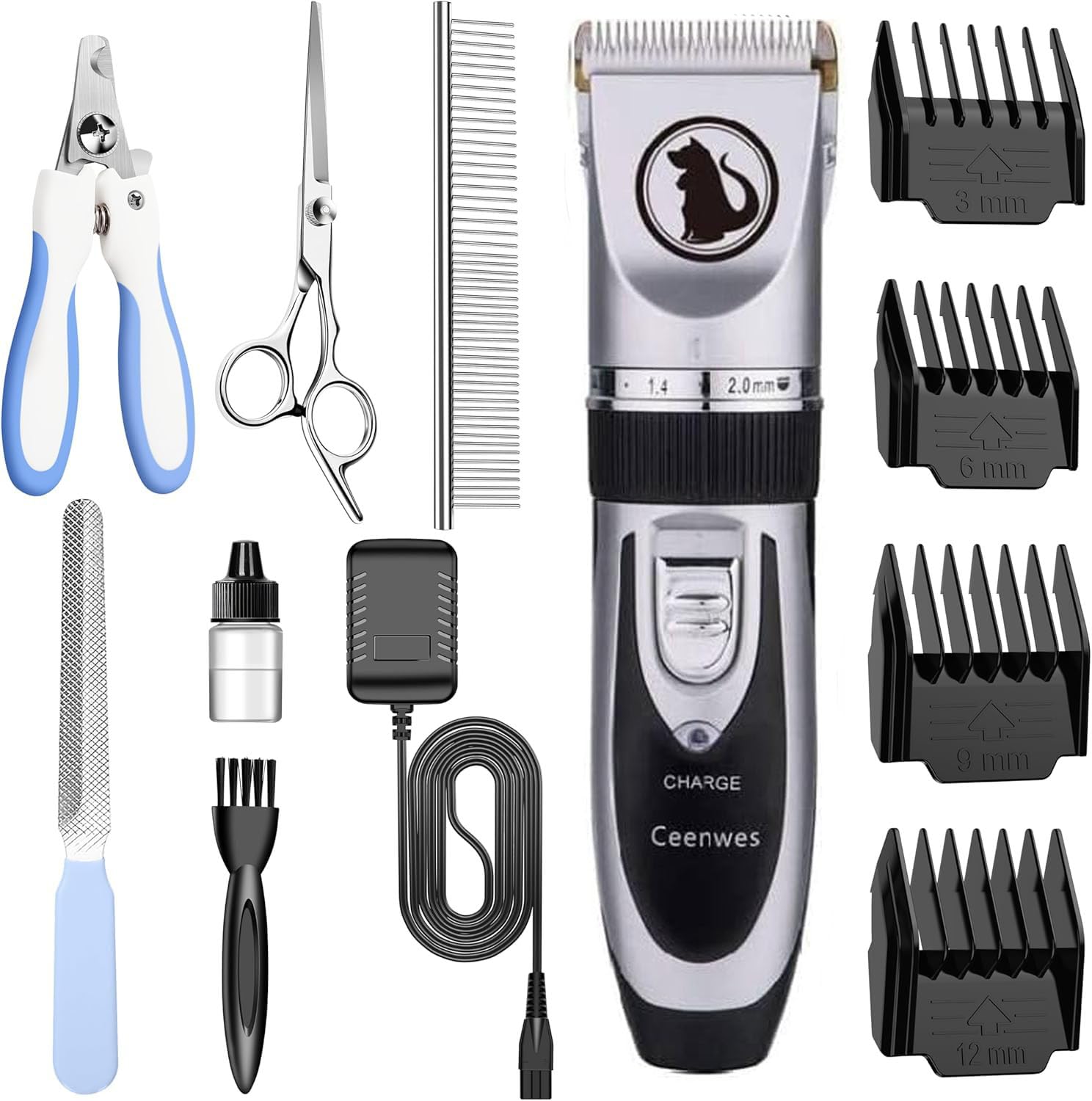 Ceenwes Dog Clippers With Storage Case Low Noise Pet Clippers Rechargeable Trimmer Cordless Grooming Tool Professional Dog Hair Trimmer With Comb Guides Scissors For Dogs Cats & Others(Silver)