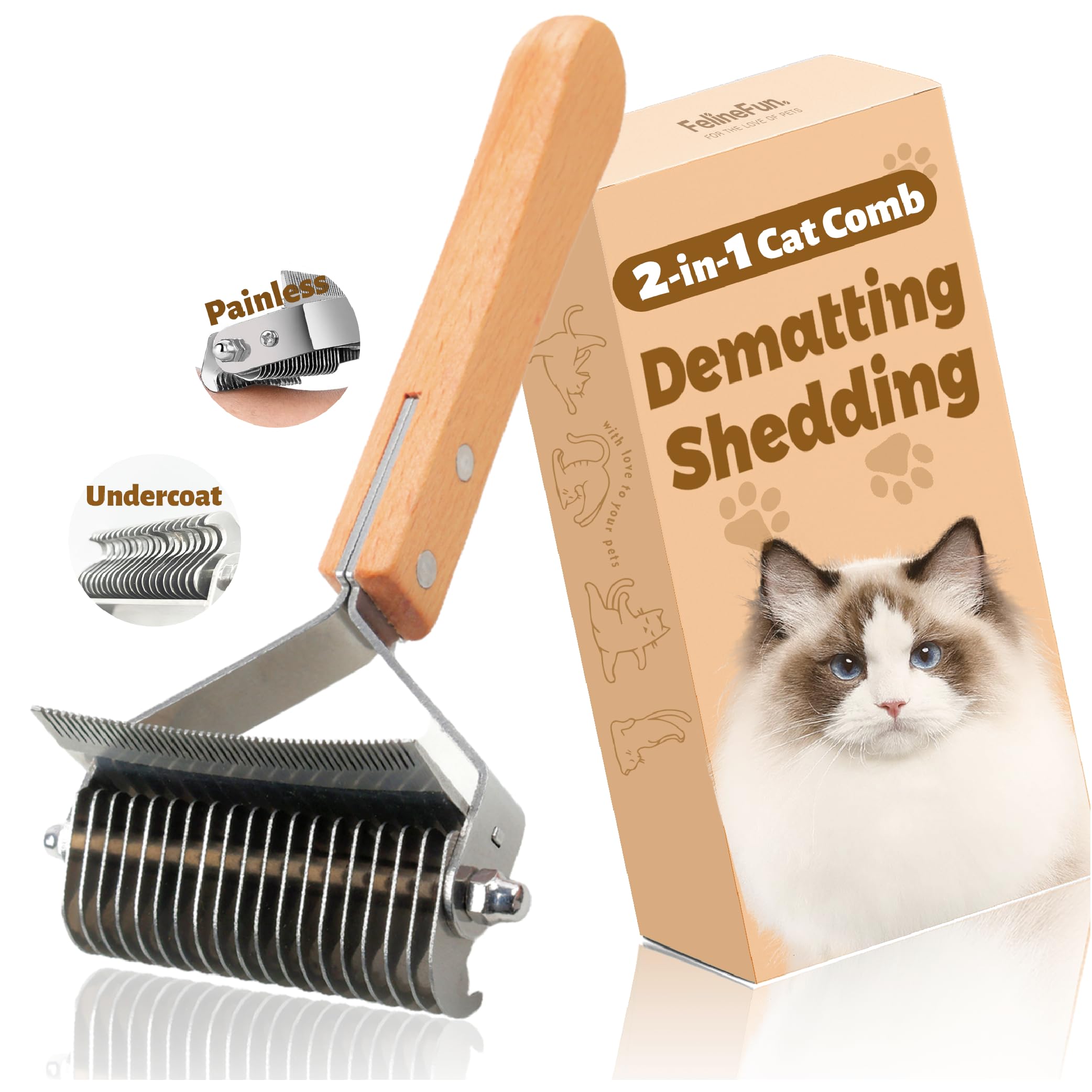 FelineFun Cat Brush for Dematting & Deshedding, 2 in 1 Undercoat Rake, Efficiently Remove Loose Hair & Matted Fur, Professional 
