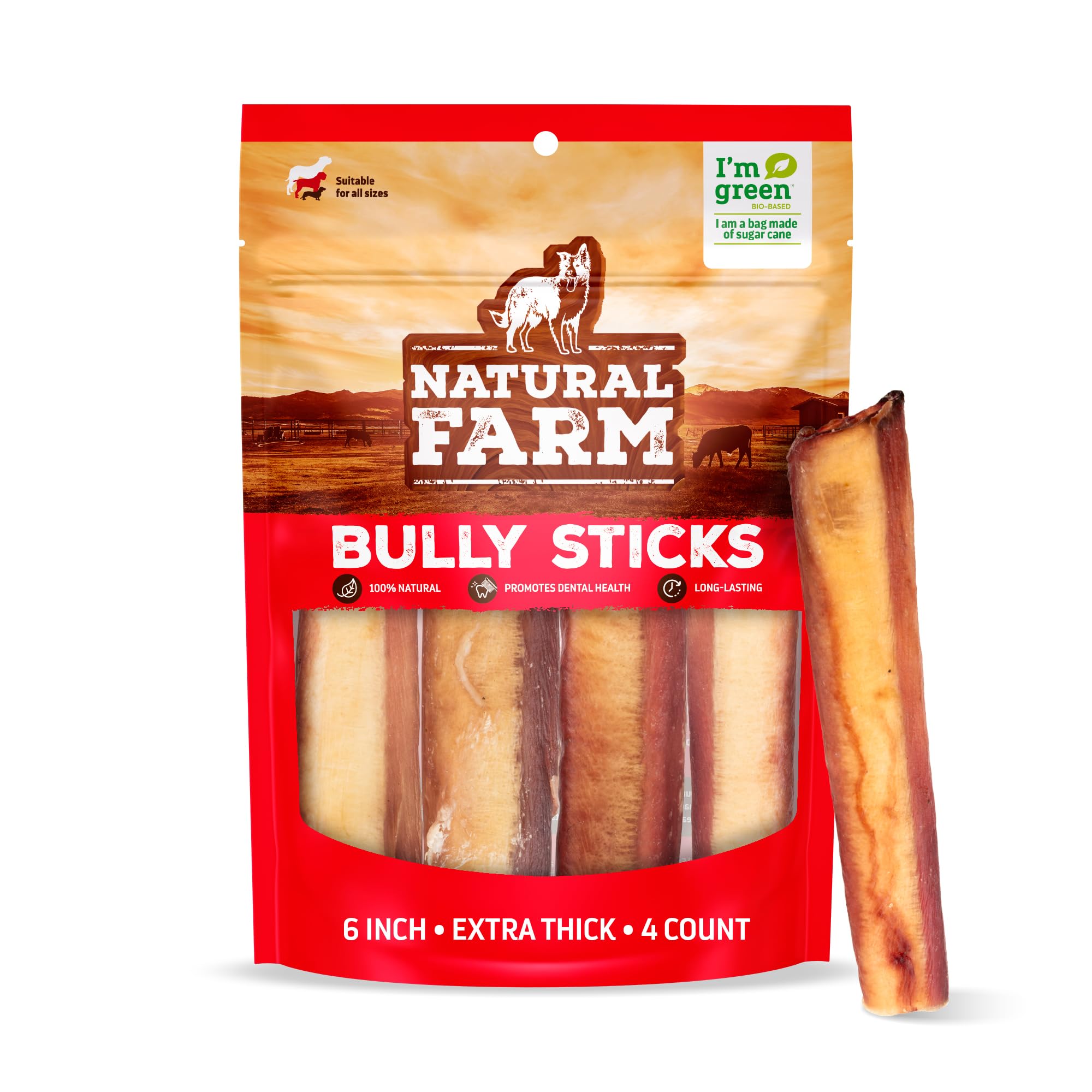 Natural Farm Jumbo Bully Sticks (6 Inch, 4 Pack), Odor Free, Extra-Thick Dog Chews - Fully Digestible 100% Beef Treats, Supports