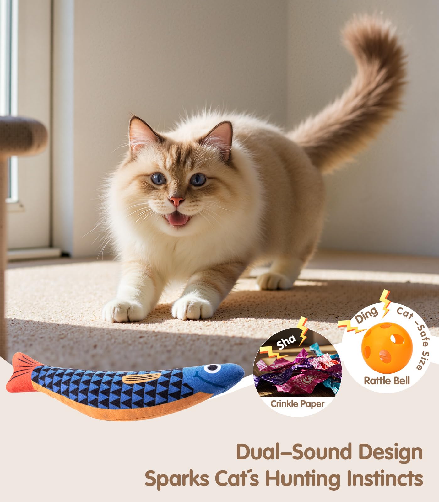 PetBusy Cat Toys - Interactive Soft Chew Kicker with Natural Catnip & Silvervine - Crinkle & Bell Fish Sound - Blue/Pink, Model CFCT-A-01