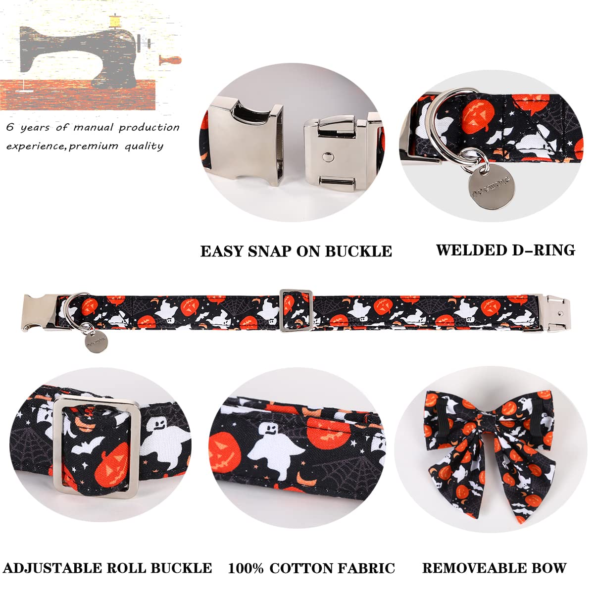 Halloween Ghost Black Dog Collar With Sailor Bow Tie Adjustable Pet Collars, Soft Comfy Halloween Themed Pet Collar, Fall Dog Co
