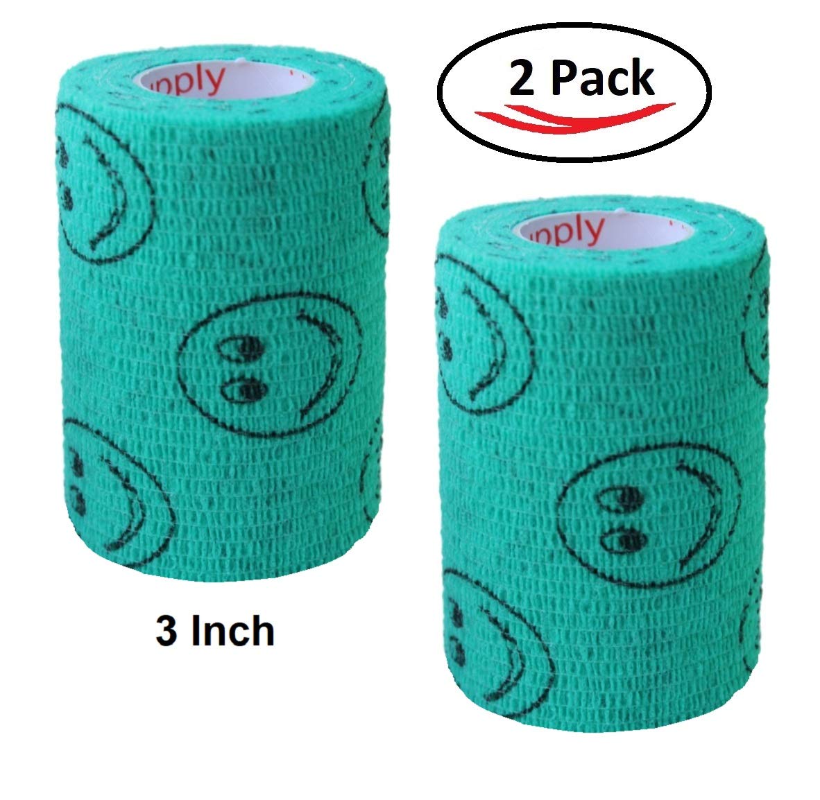 Vet Wrap Wrap Tape (Teal with Smiles) (2 Pack) (4 Inch x 15 feet) Self Adhesive Adherent Adhering Cohesive Flex Self Stick Banda