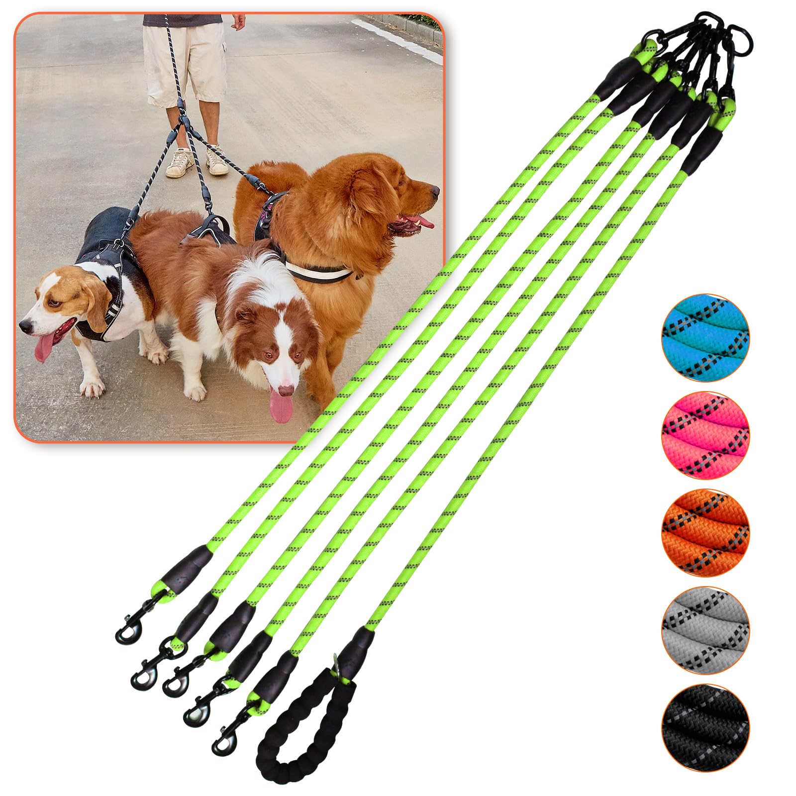 Five-In-One Green Dog Leash - 360 Swivel, Reflective, Comfortable For Walking & Training Five Dogs