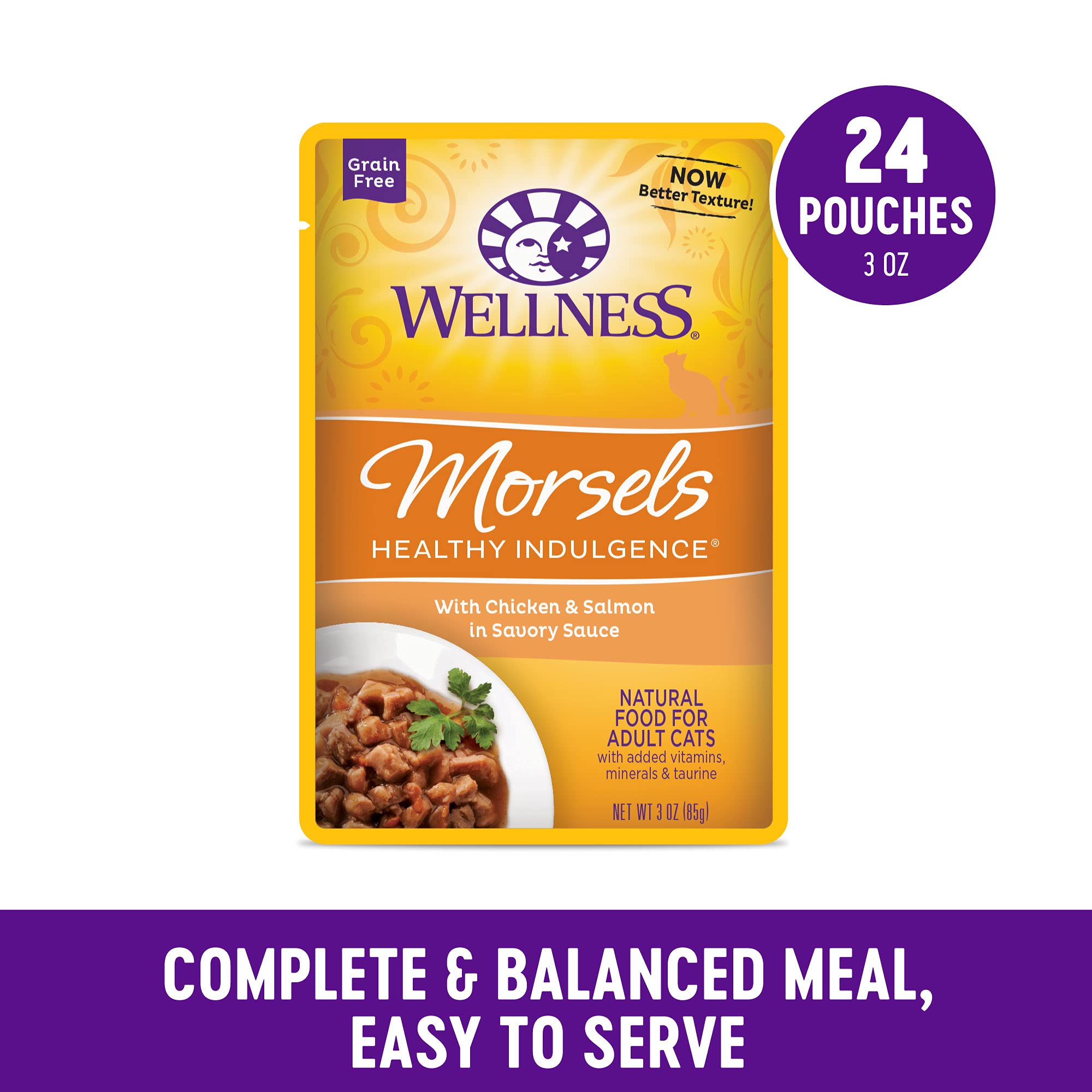 Wellness Healthly Indulgence Morsels Adult Wet Cat Food, Natural, Protein-Rich, Grain Free, 3 Ounce Pouch, 24 Pack, (Chicken & S