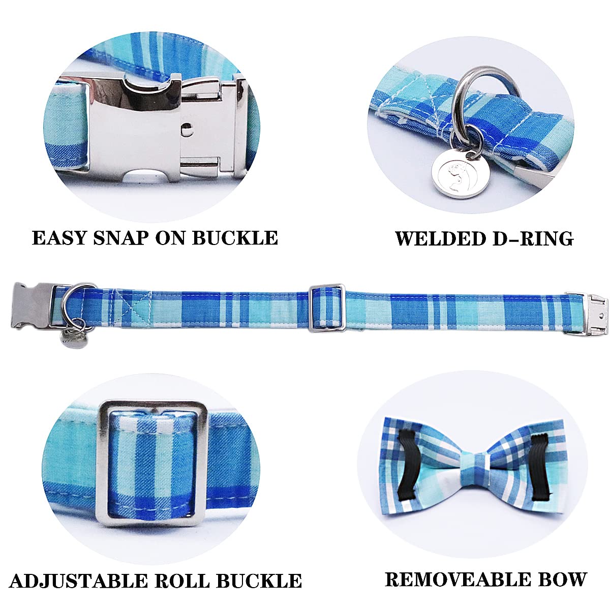 Dogwong Dog Collar With Bowtie, Blue Plaid Dog Collar Comfortable Durable Checked Dog Collar For Small Medium Large Dog