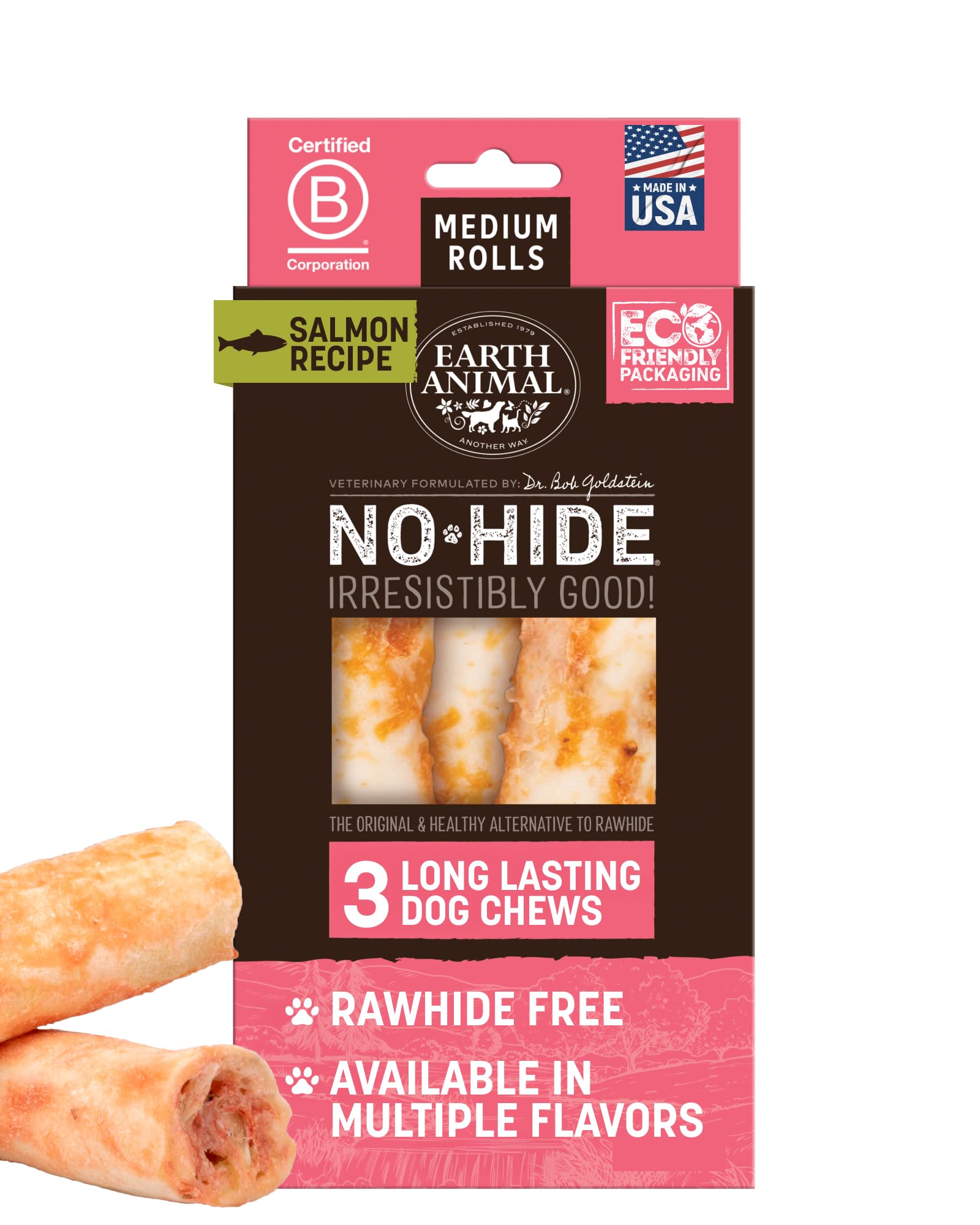 Earth Animal No Hide Chews - Long Lasting Rawhide Free Medium Dog Chews Rolls, Salmon - 3 Count Value Pack