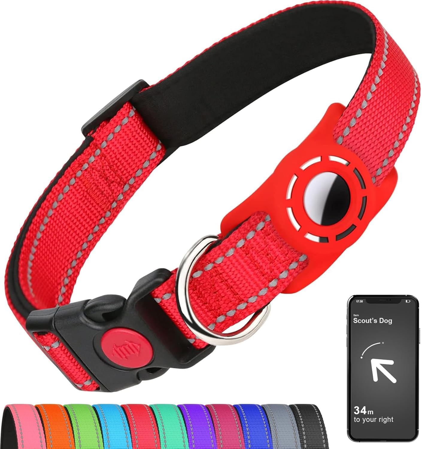 Erbine Airtag Dog Collar With Airtag Holder For Large Dogs, Reflective, Soft Padded & Safety Locking Buckle, Nylon Pet Collars Adjustable For All Breeds, Red,Xl