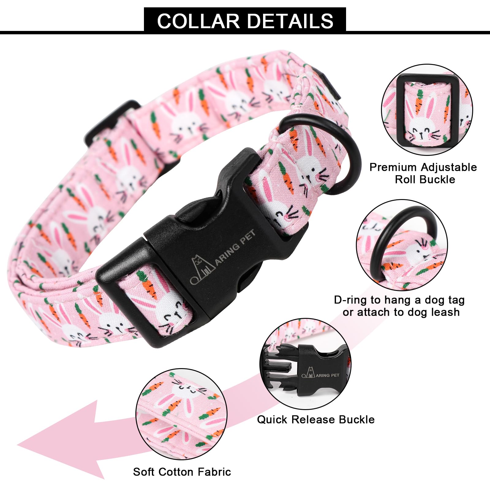 Aring Pet Easter Dog Collar-Cute Pink Rabbit Dog Collars, Adjustable Cotton Carrot Pet Collar Puppy Collars With Quick Release B