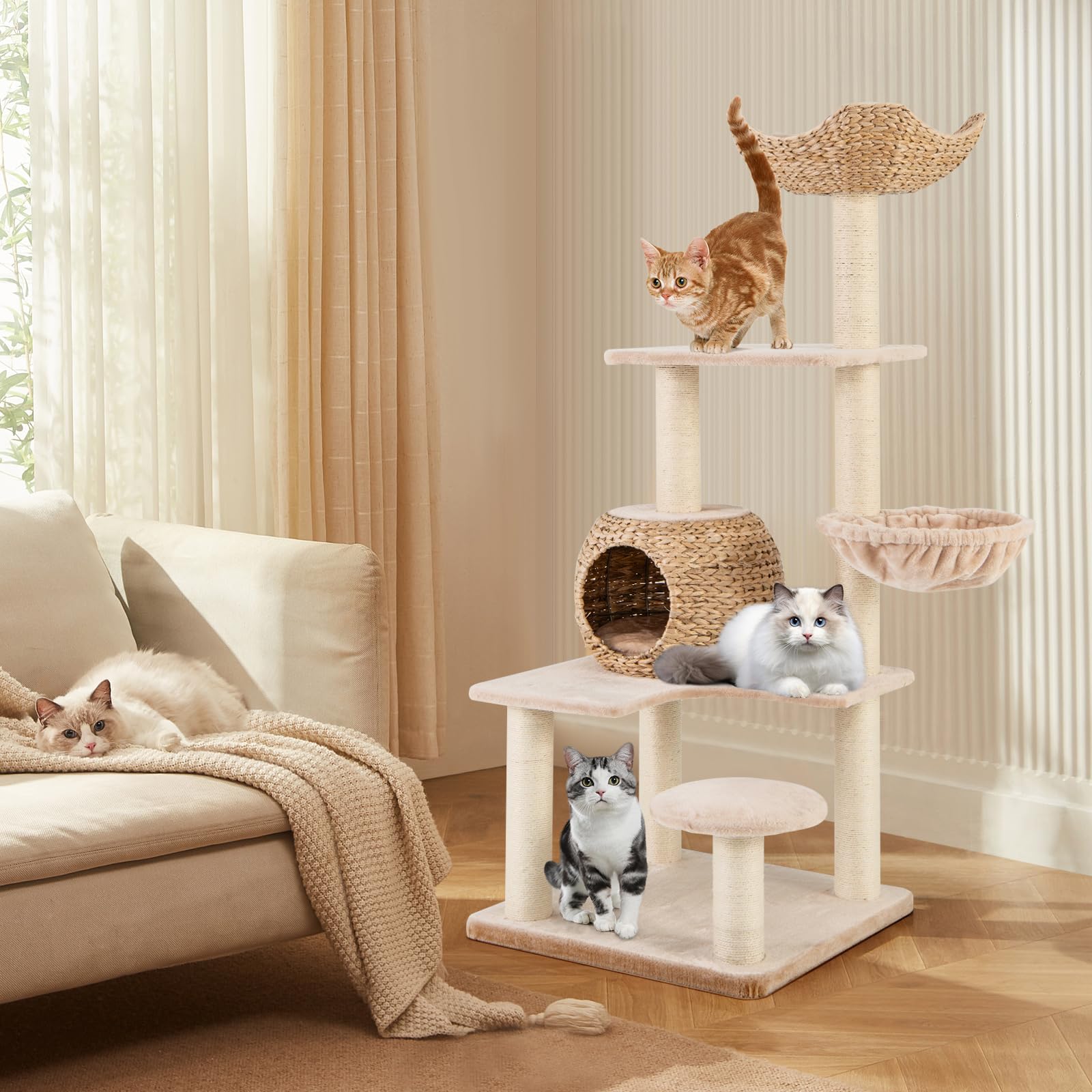 Tangkula Modern Cat Tree, 65 Inch Tall Cat Tower With Jute Scratching Posts, Dangling Balls, Cattail Basket Bed & Top Perch, Rem