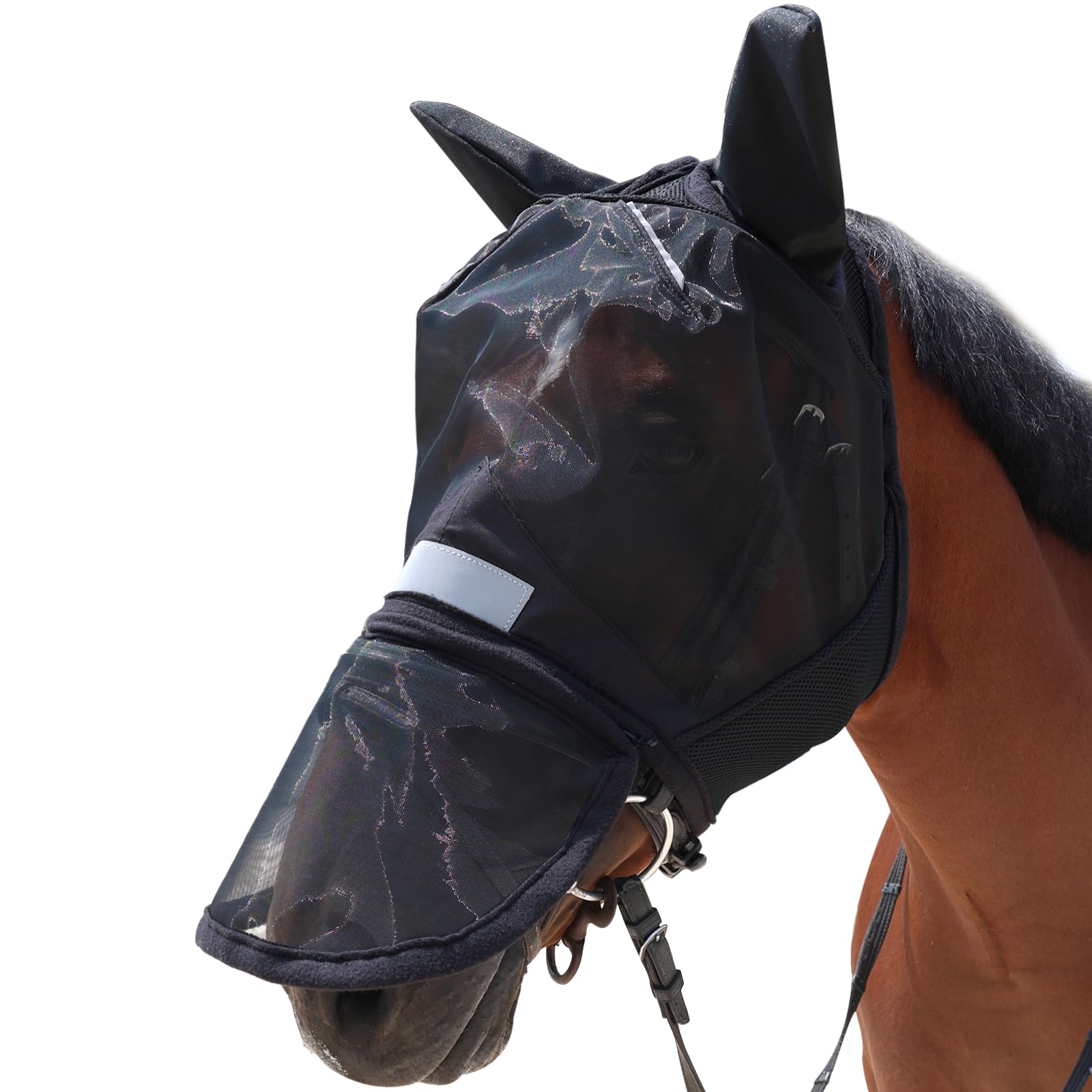 Wizbrio Luminous Horse Fly Mask with Long Nose, Ears, Full Face & Eye Protection - Full Mesh, Detachable Nose Cover, Fleece Padd