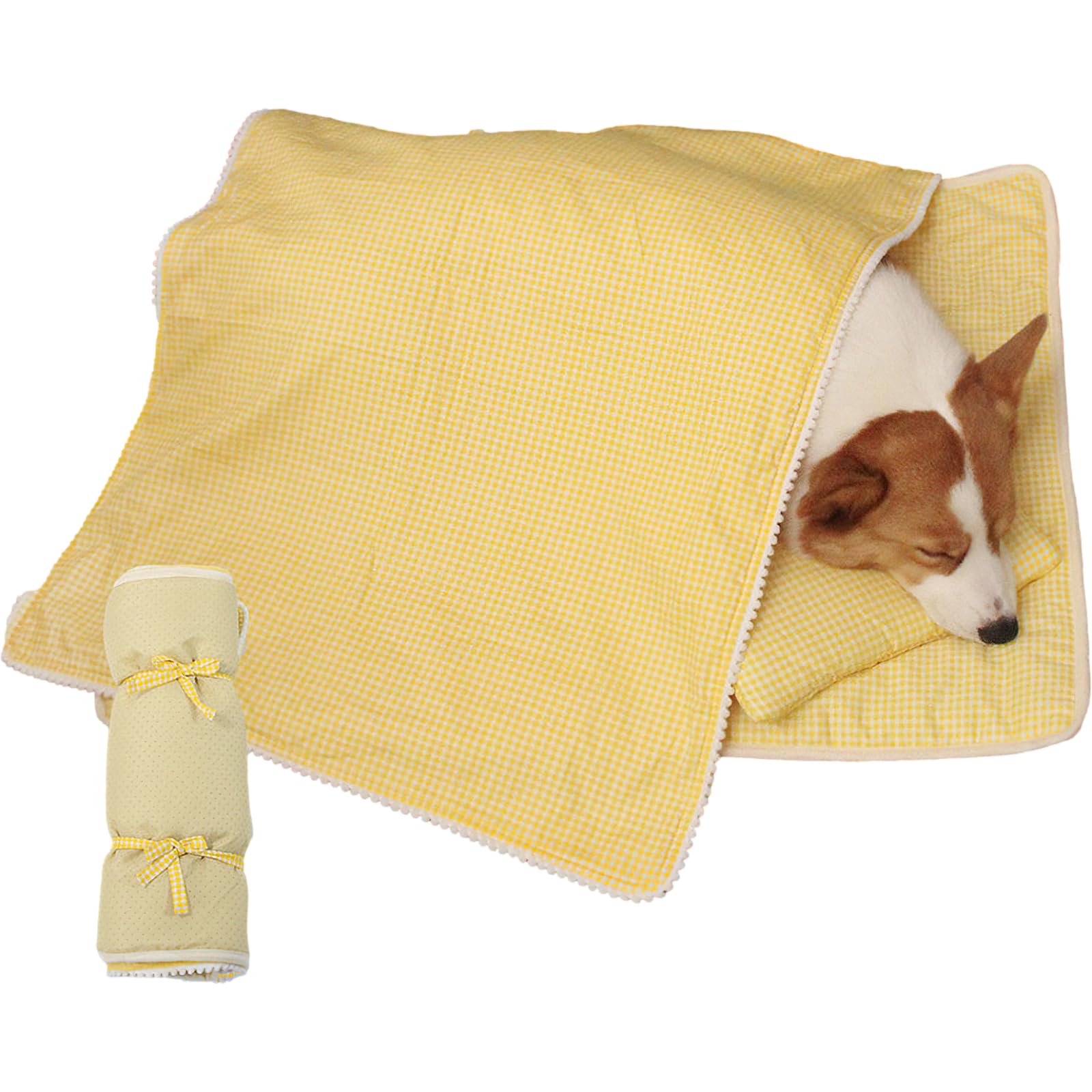 apott Dog Bed with Blanket Cat Pillow Cozy Puppy Sleeping Bed Washable Pet Supplies for Large Puppy Kitten, Yellow
