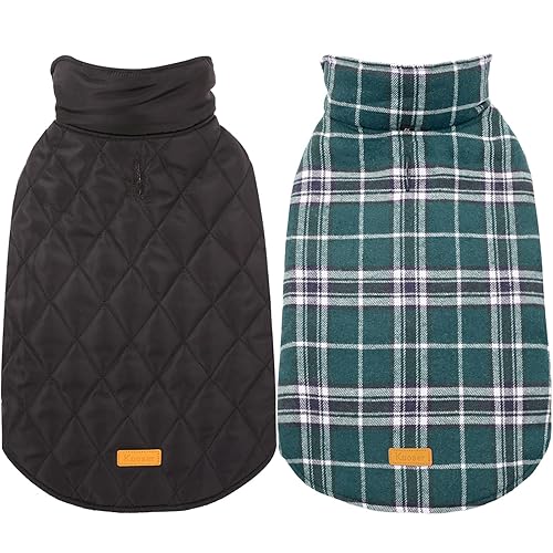 Kuoser Plaid Dog Vest Winter Coat, Waterproof & Windproof, Large (Green) - Reversible Jacket for Small to Large Dogs