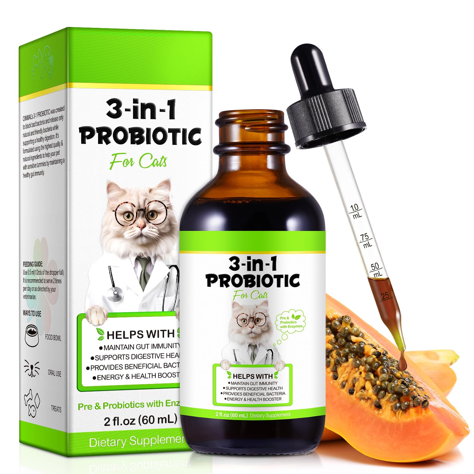 3-in-1 Probiotics for Cats with Digestive Enzymes & Prebiotics - Supports Gut Health, Immune System & Diarrhea Relief - 60ml for