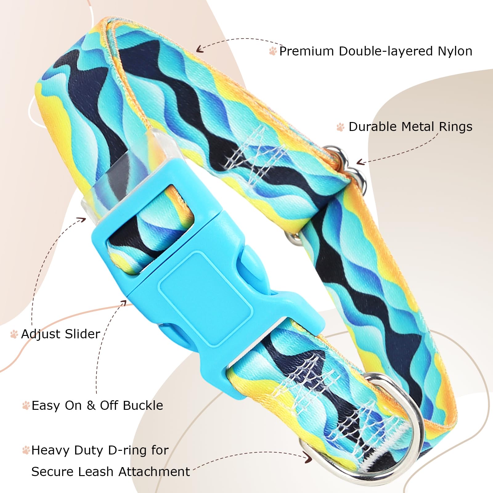 Boy Dog Collar For Small Dogs, Cute Blue Dog Collar With Sea Waves Pattern, Adjustable Heavy Duty Pet Buckle Collar For Xs Small