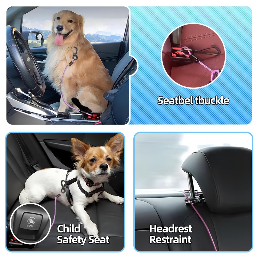 Miaochuai 3-In-1 Dog Car Seat Belt Harness | Chew-Proof Steel Cable Leash With Heavy-Duty Buckle & Clip | Car Safety Restraint F