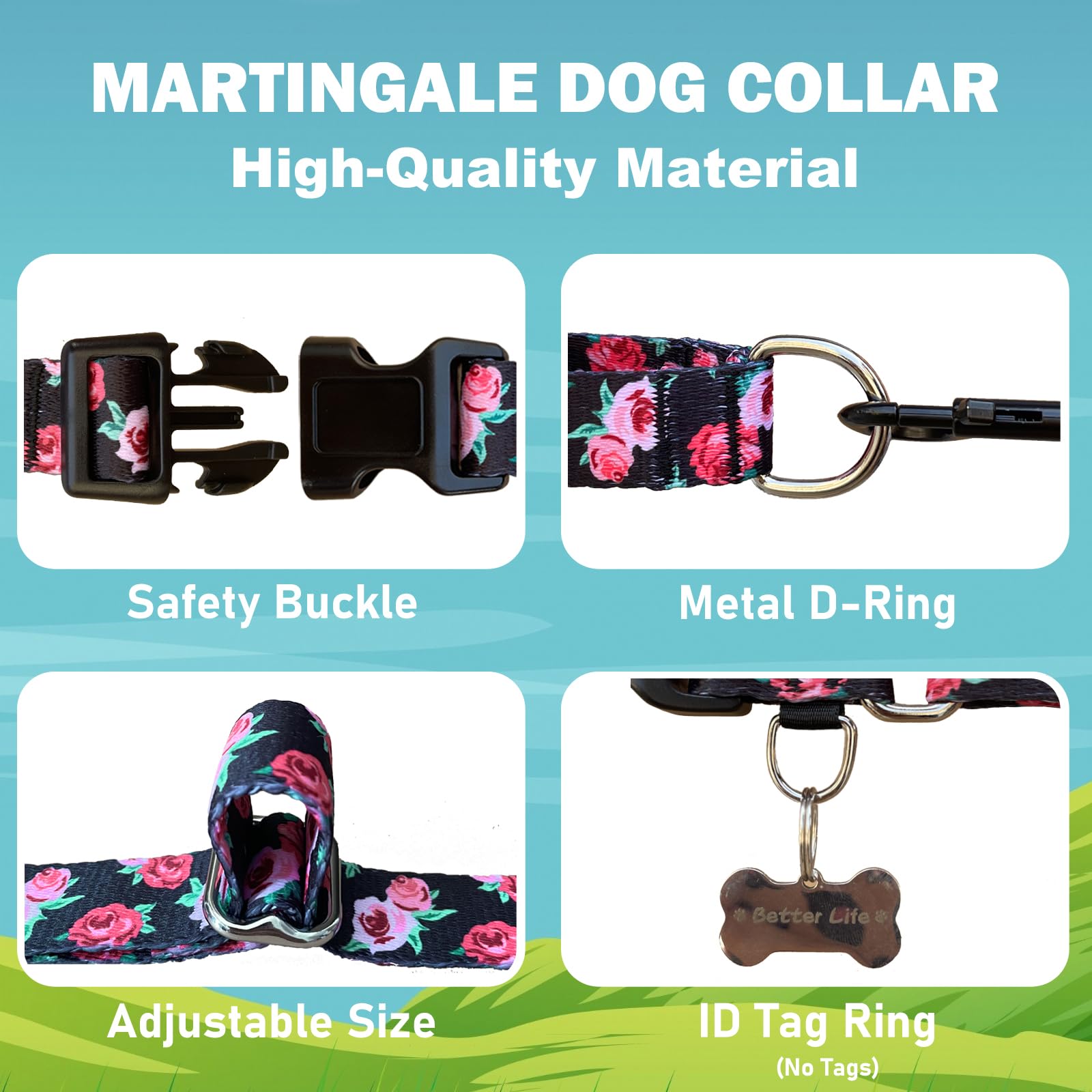 Fidohug Martingale Collar For Dogs Pink Floral Dog Collars For Small Dogs With Buckle Girl Female Soft Nylon Dog Collar (Black P
