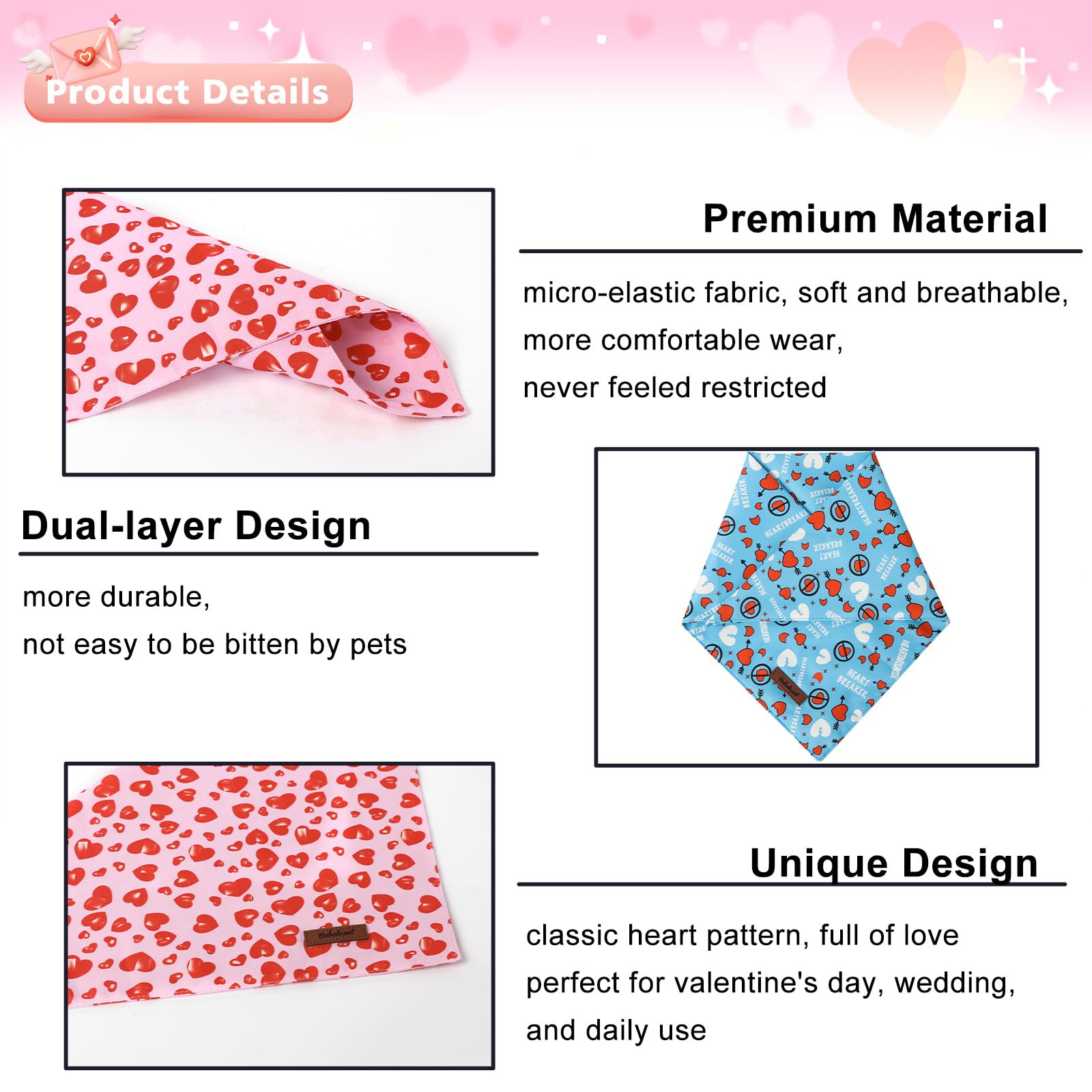 Babole Pet Valentines Dog Bandanas 2 Pack, Pink And Blue Heart Pattern Valentine Dog Scarf Bib For Boy And Girl, Cute Holiday Ba