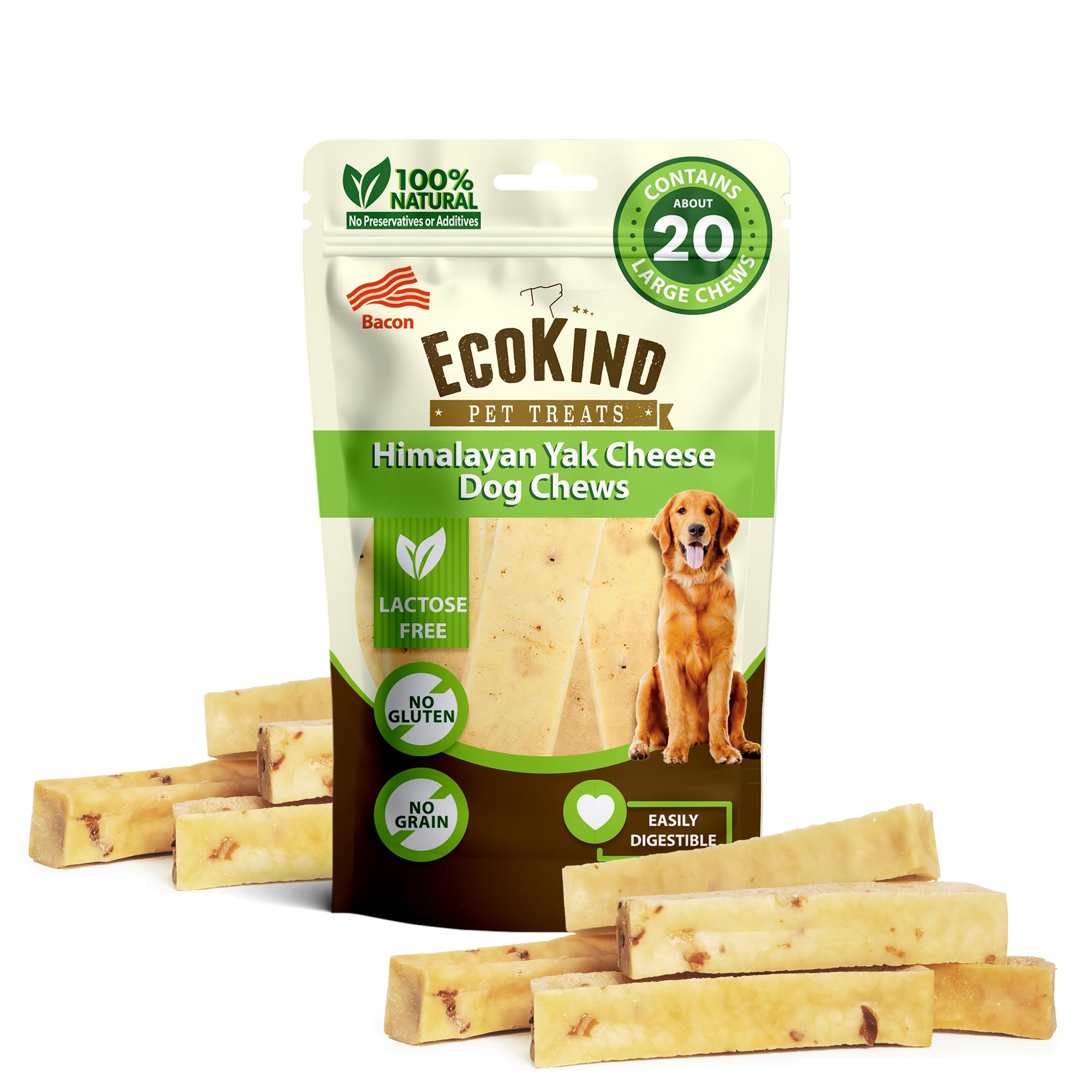 EcoKind Premium Gold Yak Cheese Himalayan Dog Chews, Dog Treats Large Breed, All Natural, High Protein Dog Chew, Bacon, Large - 