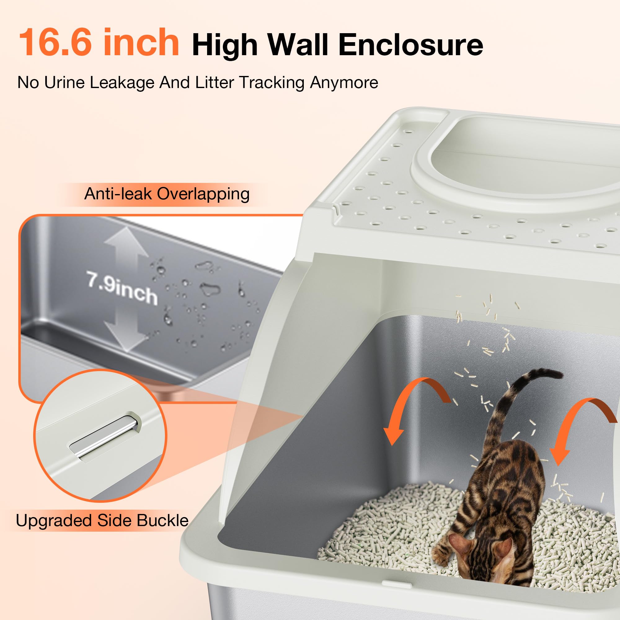 Stainless Steel Cat Litter Box, XXL Large Metal Cat Litter Box, Dual Entrance Detachable Cat Litter Box with Lid, 16.6 High Wa