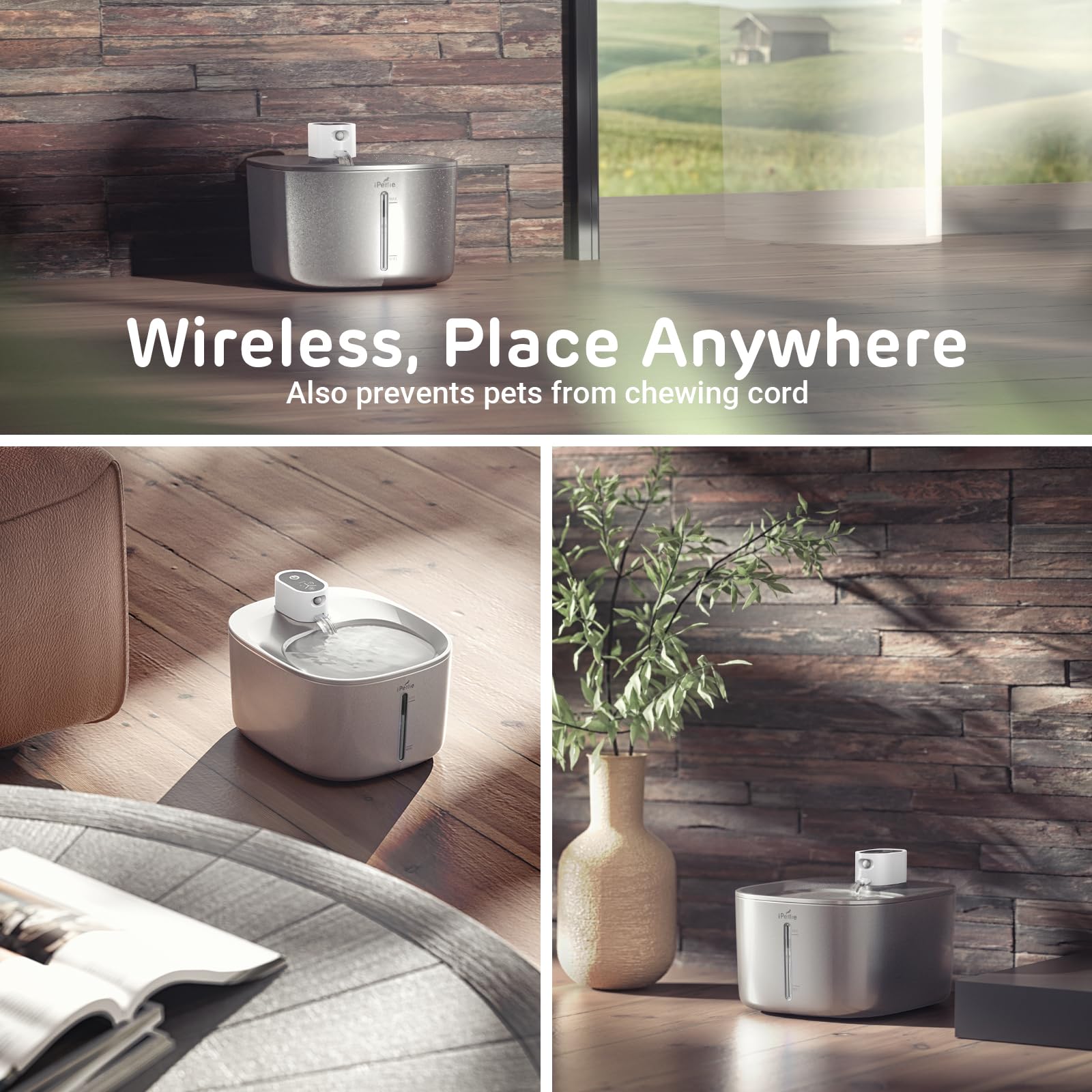 Runway Wireless Pump Cat Water Fountain With 4 Filters - Waterproof Self-Contained Battery, Stainless Steel, 1.1 Gal/135Oz, Moti