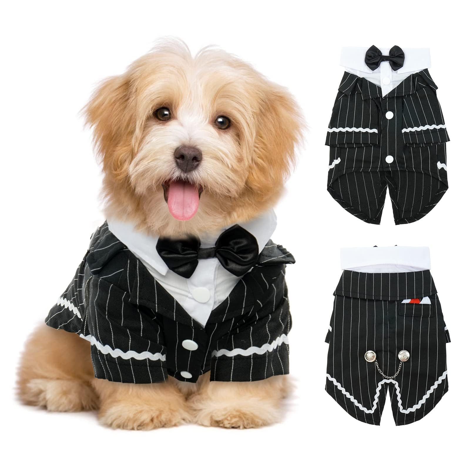 Qbleev Dog Black Suit Costume, Pet Halloween Costume With Bow Tie, Formal Boston Tuxedo Shirt, Cat Dark Bride Costume Prince Wed
