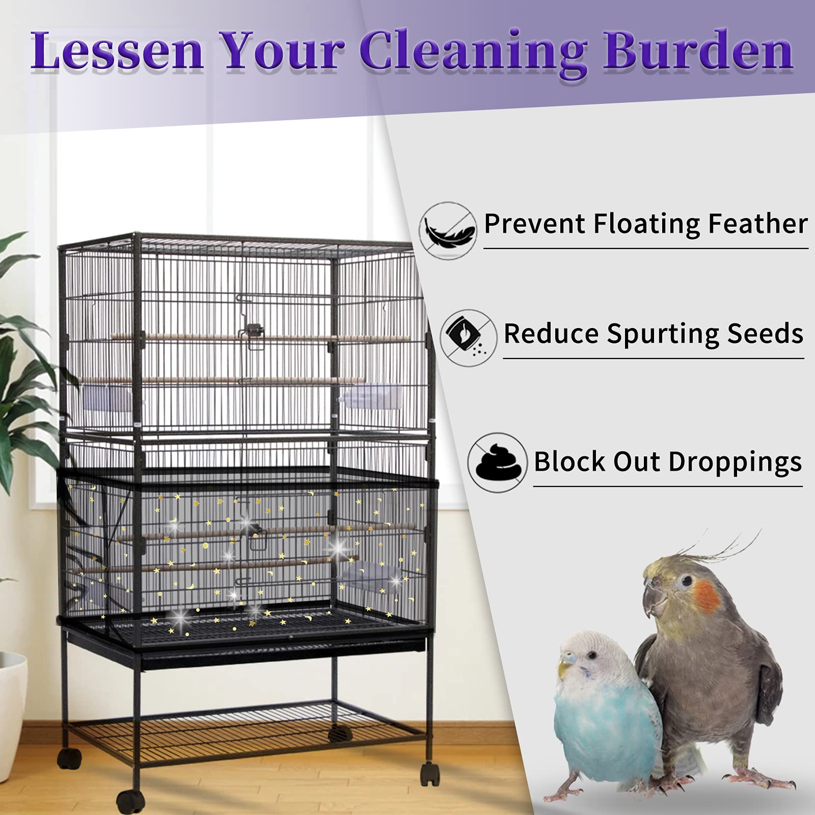 Daoeny 2Pcs Bird Cage Cover, Adjustable Bird Cage Seed Catcher, Large Soft Nylon Mesh Net With Twinkle Moon Star, Birdcage Cover Skirt Seed Guard For Parrot Parakeet Macaw Round Square Cages