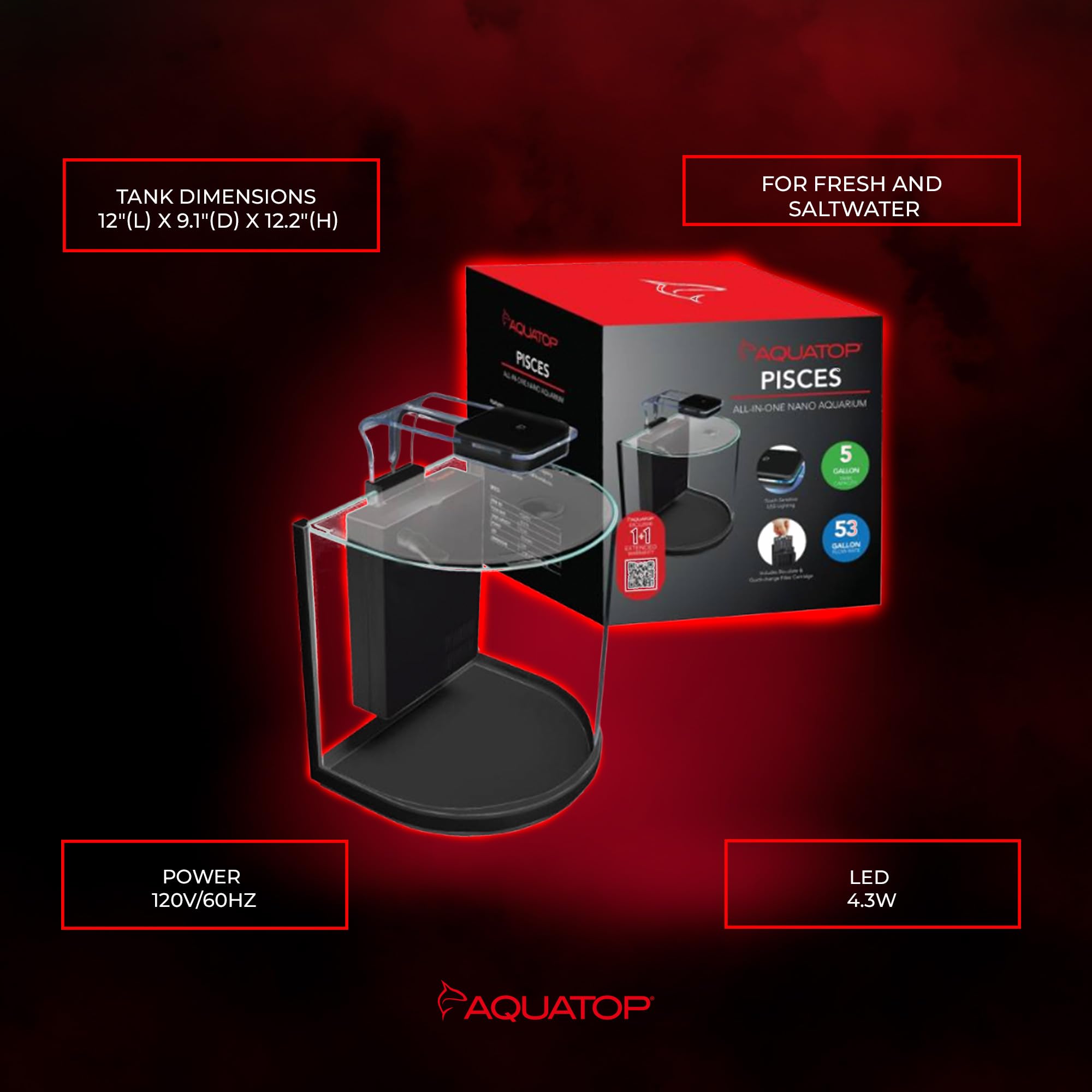 Aquatop Pisces Curved Bowfront Aquarium, 5 Gallons, 53Gph – Nano Semi-Circle Glass Aquarium Kit, For Salt & Freshwater Fish Tanks, Touch Sensitive Led Light, All In One Tank With Filter